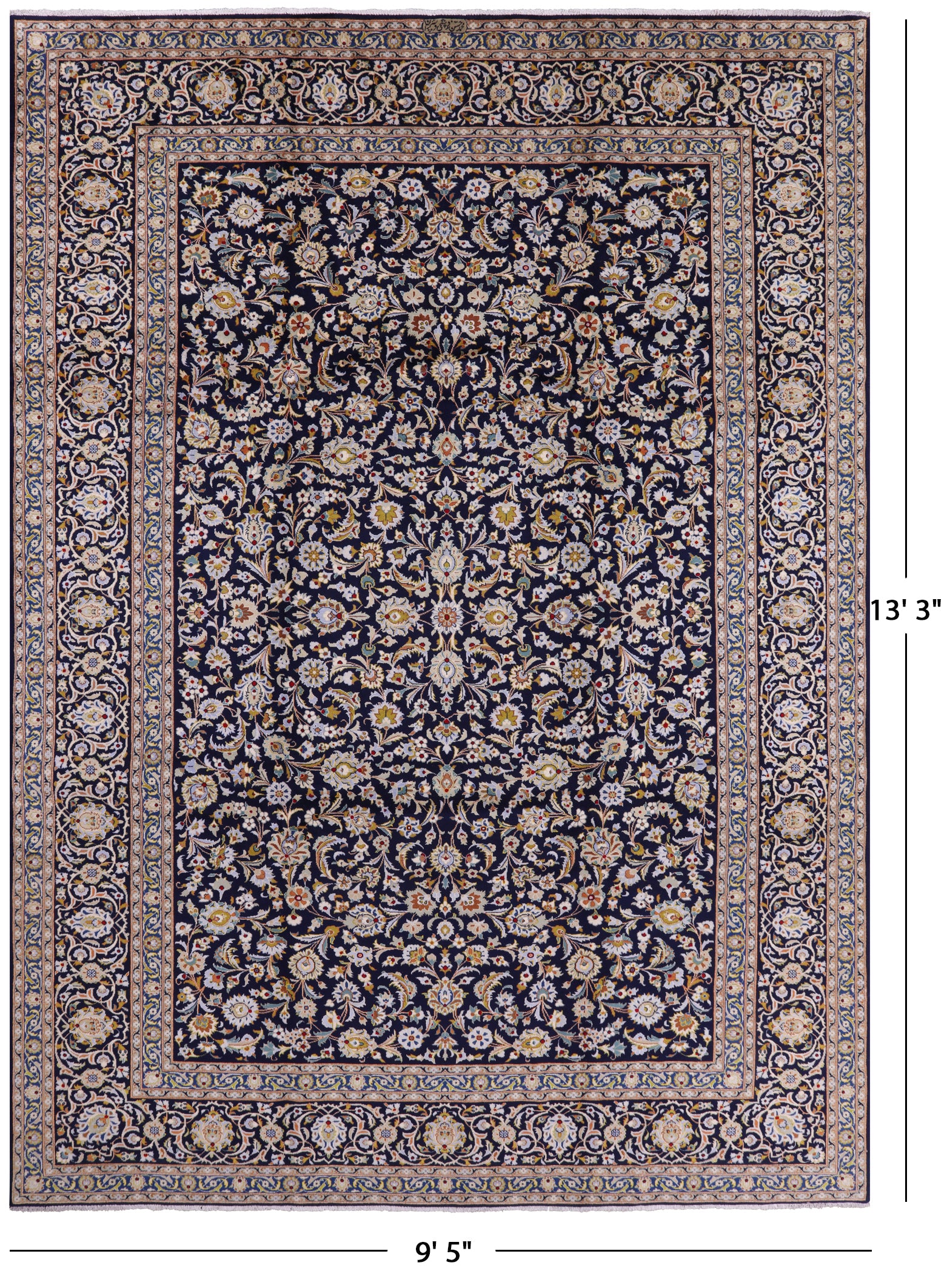 Blue New Signed Authentic Persian Kashan Area Rug - 9' 5" X 13' 3" - Golden Nile