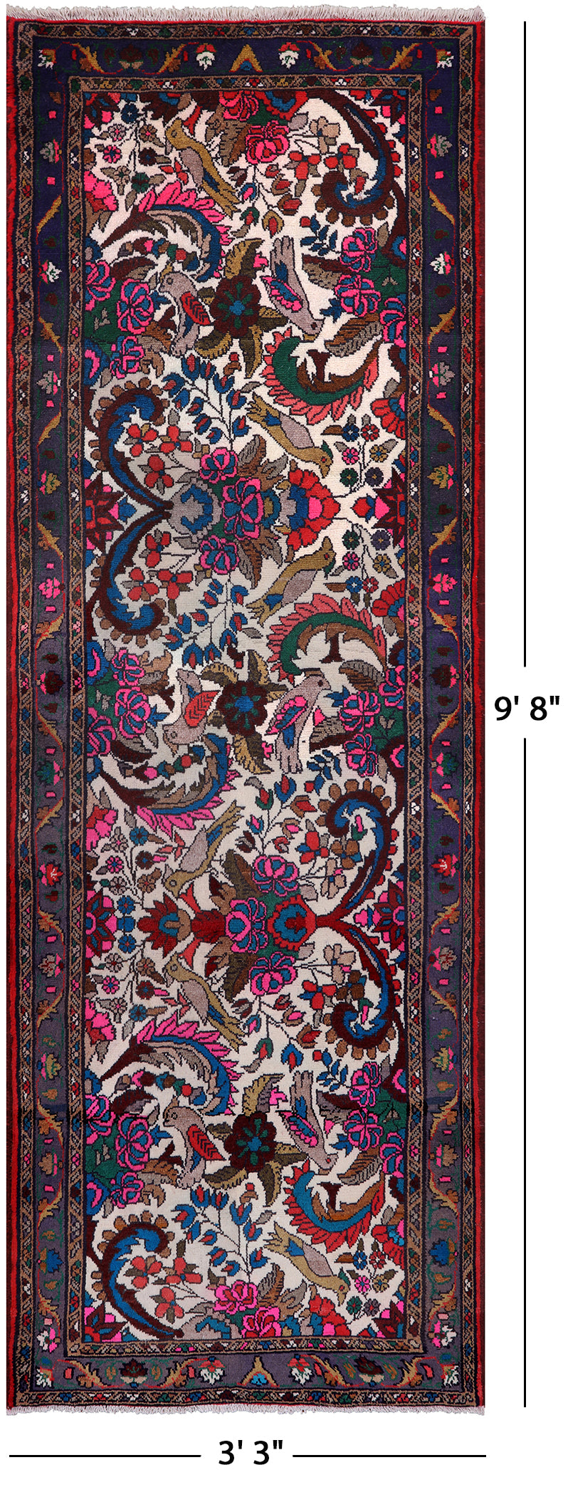 Authentic Persian Hamadan Hand Knotted Wool Runner Rug - 3' 3" X 9' 8" - Golden Nile