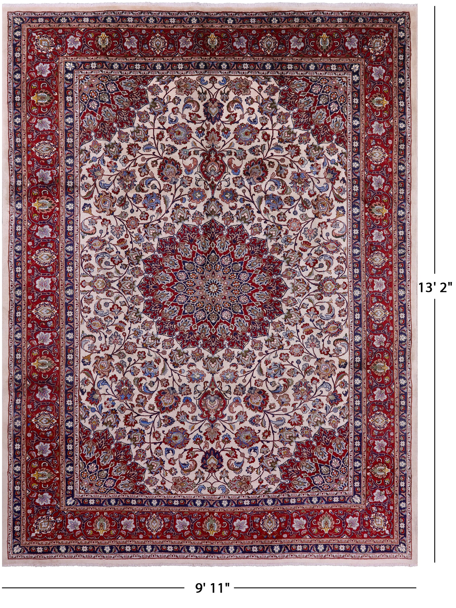 Ivory New Persian Mashad Hand Knotted Full Pile Wool Rug - 9' 11" X 13' 2" - Golden Nile