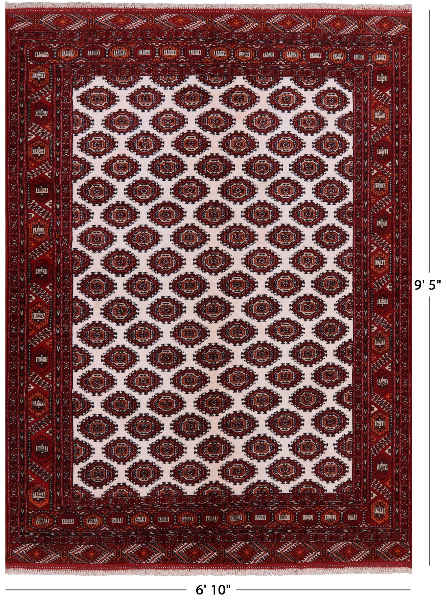 Ivory Authentic Persian Turkmen Wool On Wool Handmade Rug - 6' 10" X 9' 5" - Golden Nile