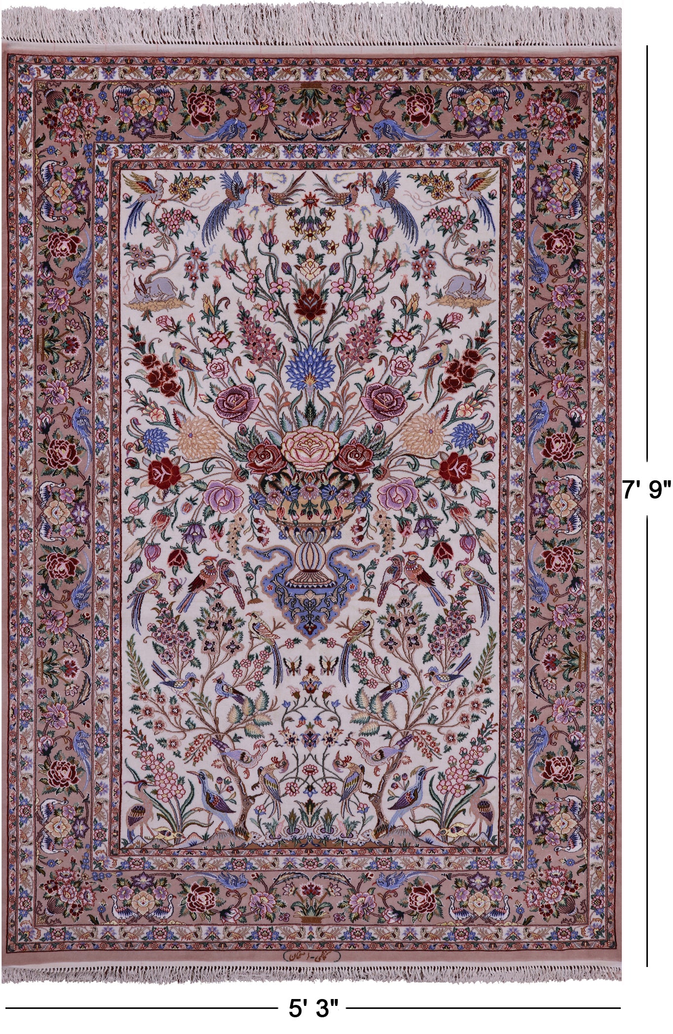 Ivory Isfahan Authentic Persian Hand Knotted Wool & Silk Area Rug - 5' 3" X 7' 9" - Golden Nile