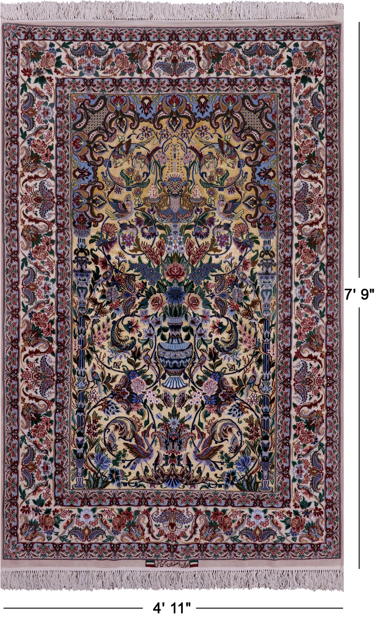 Gold Isfahan Authentic Persian Hand Knotted Wool & Silk Area Rug - 4' 11" X 7' 9" - Golden Nile