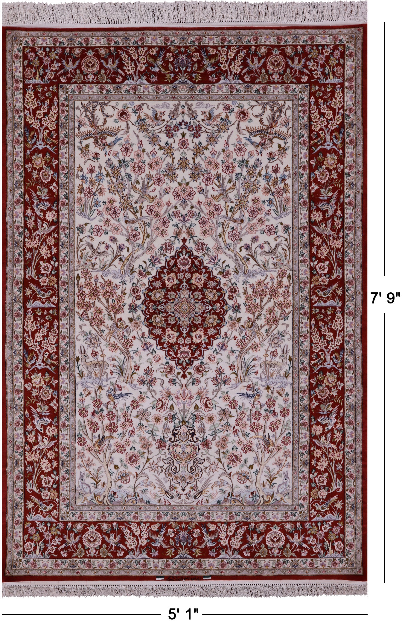 Ivory Isfahan Authentic Persian Hand Knotted Wool & Silk Area Rug - 5' 1" X 7' 9" - Golden Nile