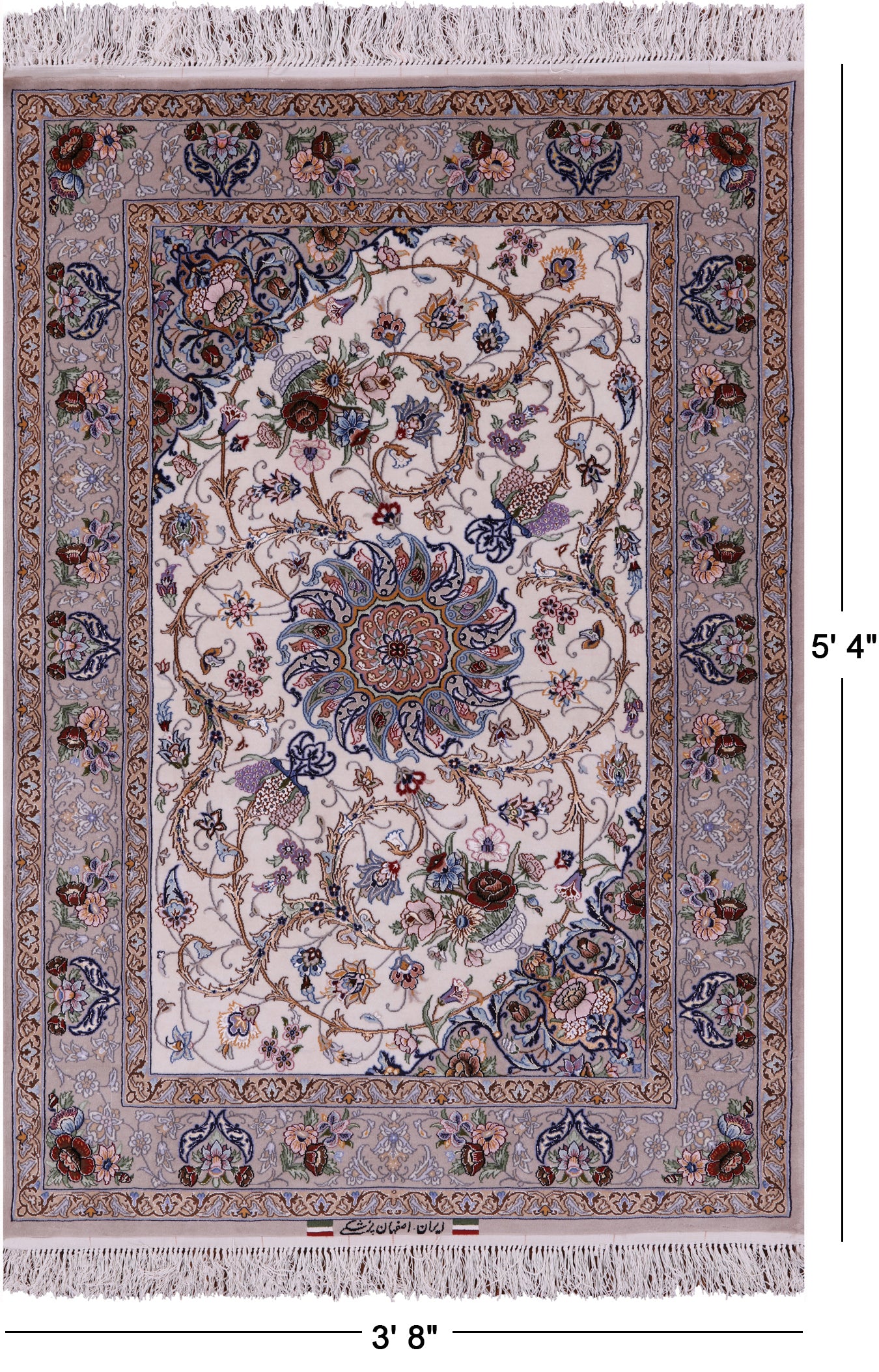 Ivory Persian Signed Authentic Isfahan Wool & Silk Rug - 3' 8" X 5' 4" - Golden Nile