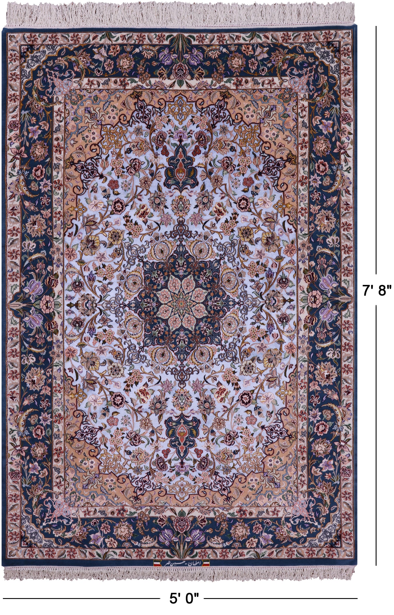 Blue Signed Isfahan Authentic Persian Hand Knotted Wool & Silk Area Rug - 5' 0" X 7' 8" - Golden Nile