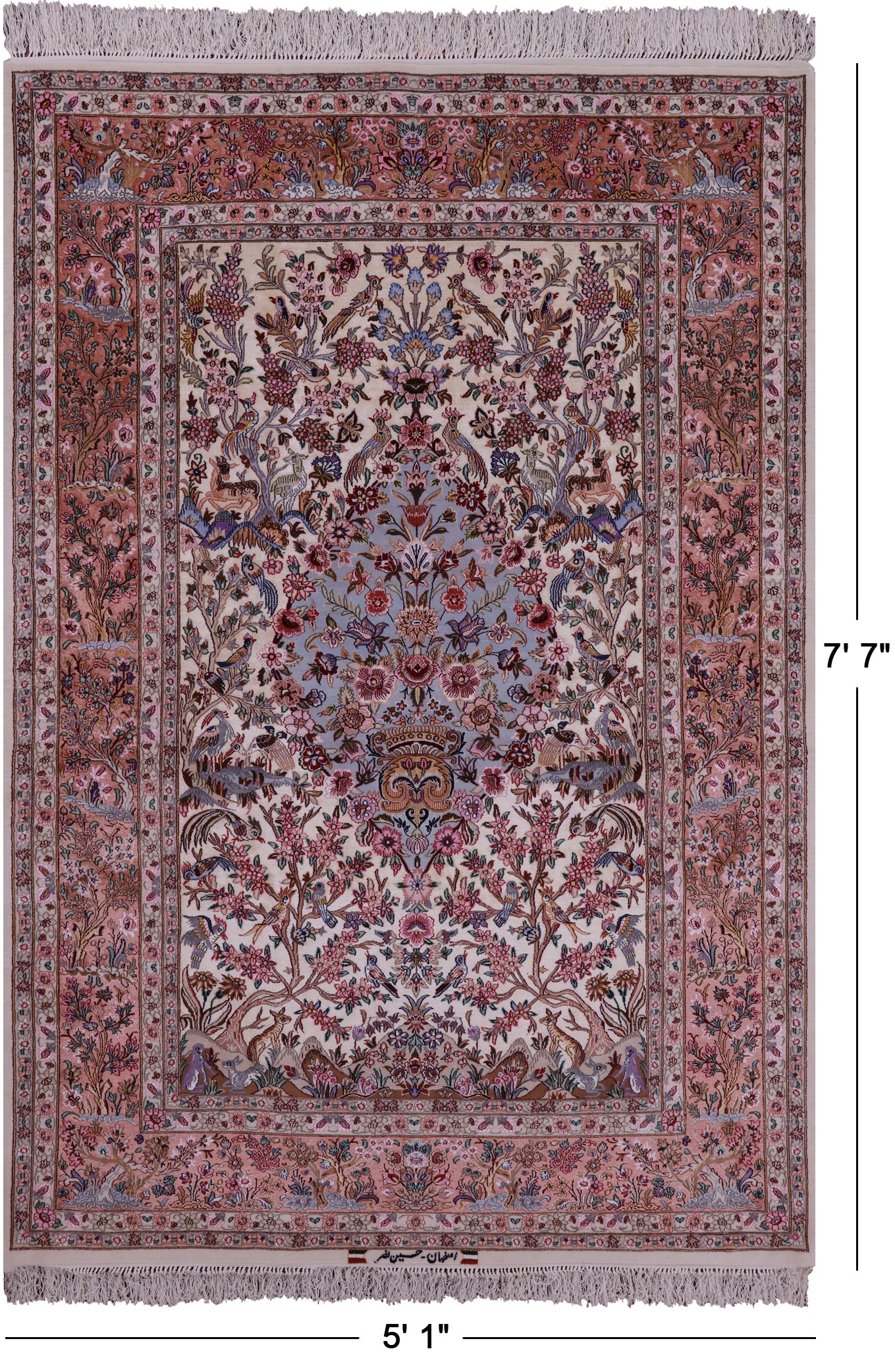 Ivory Signed Isfahan Authentic Persian Hand Knotted Wool & Silk Rug - 5' 1" X 7' 7" - Golden Nile