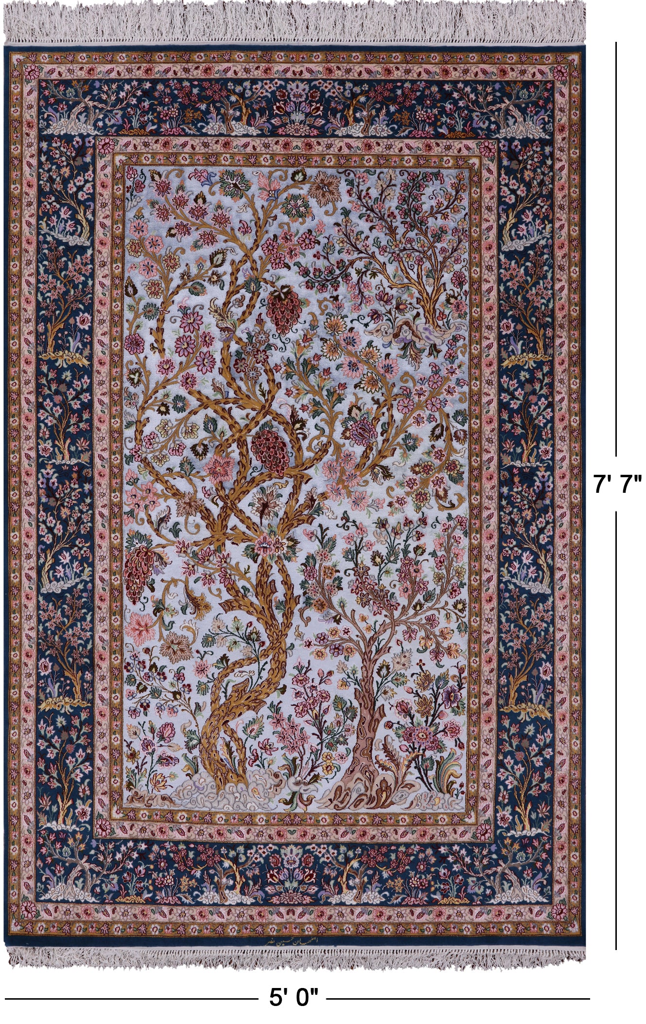 Blue Signed Isfahan Authentic Persian Hand Knotted Wool & Silk Area Rug - 5' 0" X 7' 7" - Golden Nile