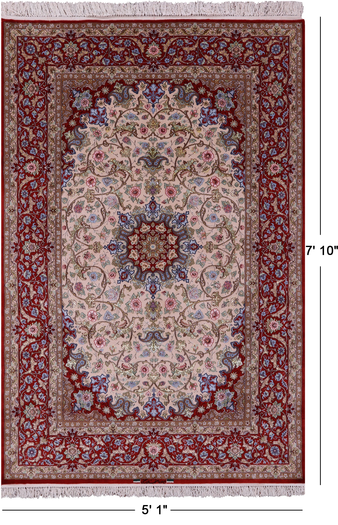 Ivory Signed Isfahan Authentic Persian Hand Knotted Wool & Silk Area Rug - 5' 1" X 7' 10" - Golden Nile