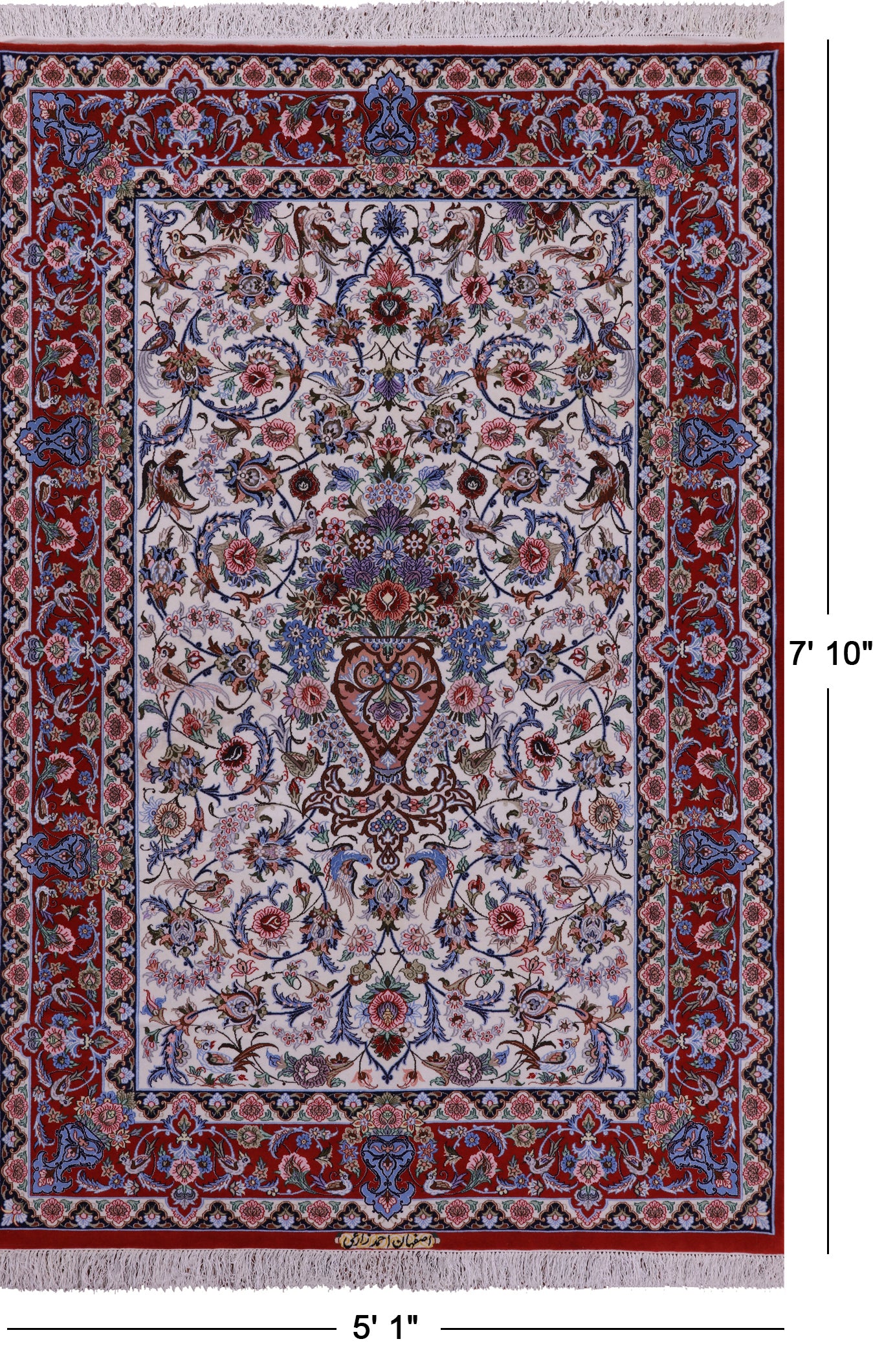 Ivory Signed Isfahan Authentic Persian Hand Knotted Wool & Silk Area Rug - 5' 1" X 7' 10" - Golden Nile