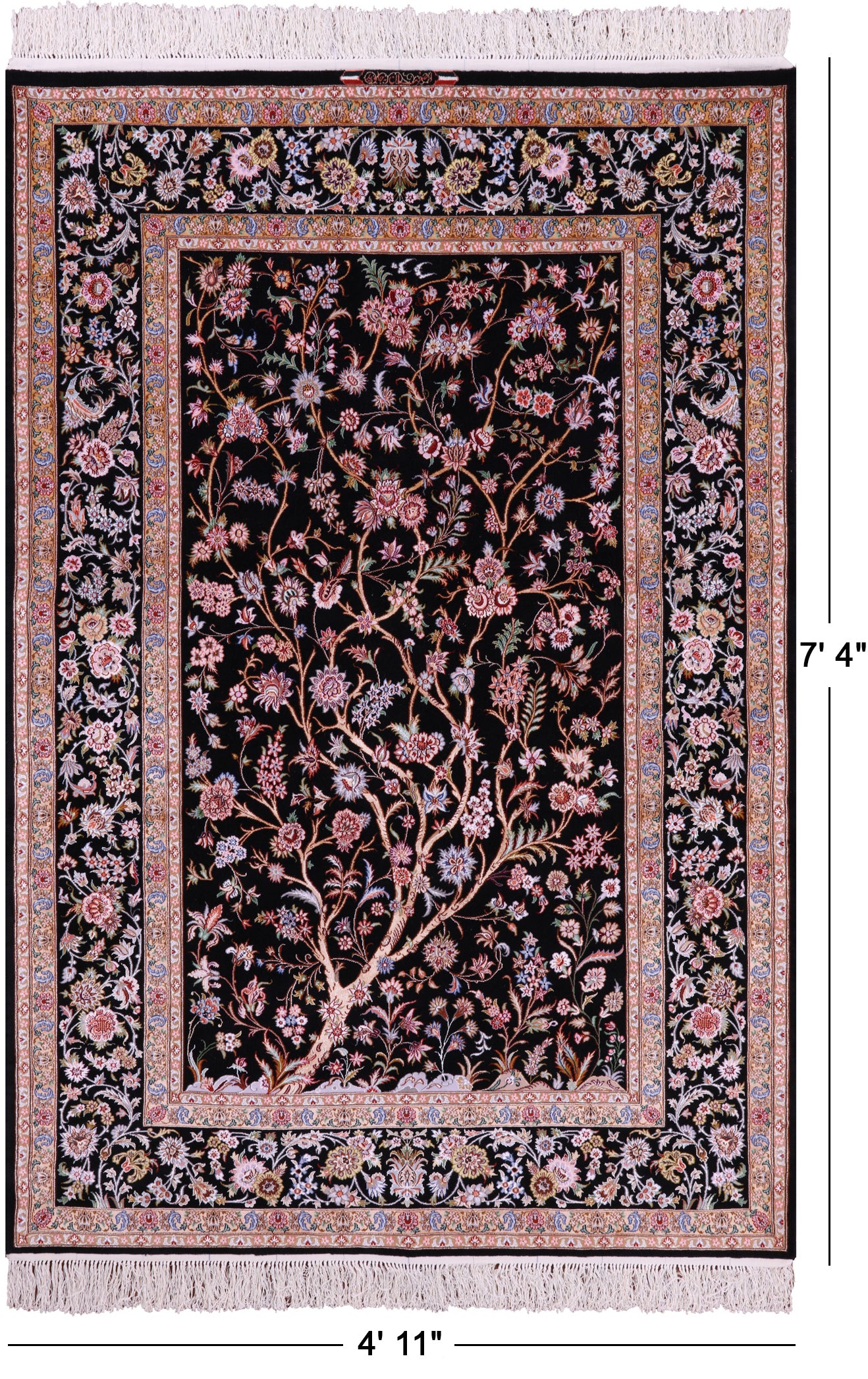 Black Signed Isfahan Authentic Persian Hand Knotted Wool & Silk Area Rug - 4' 11" X 7' 4" - Golden Nile