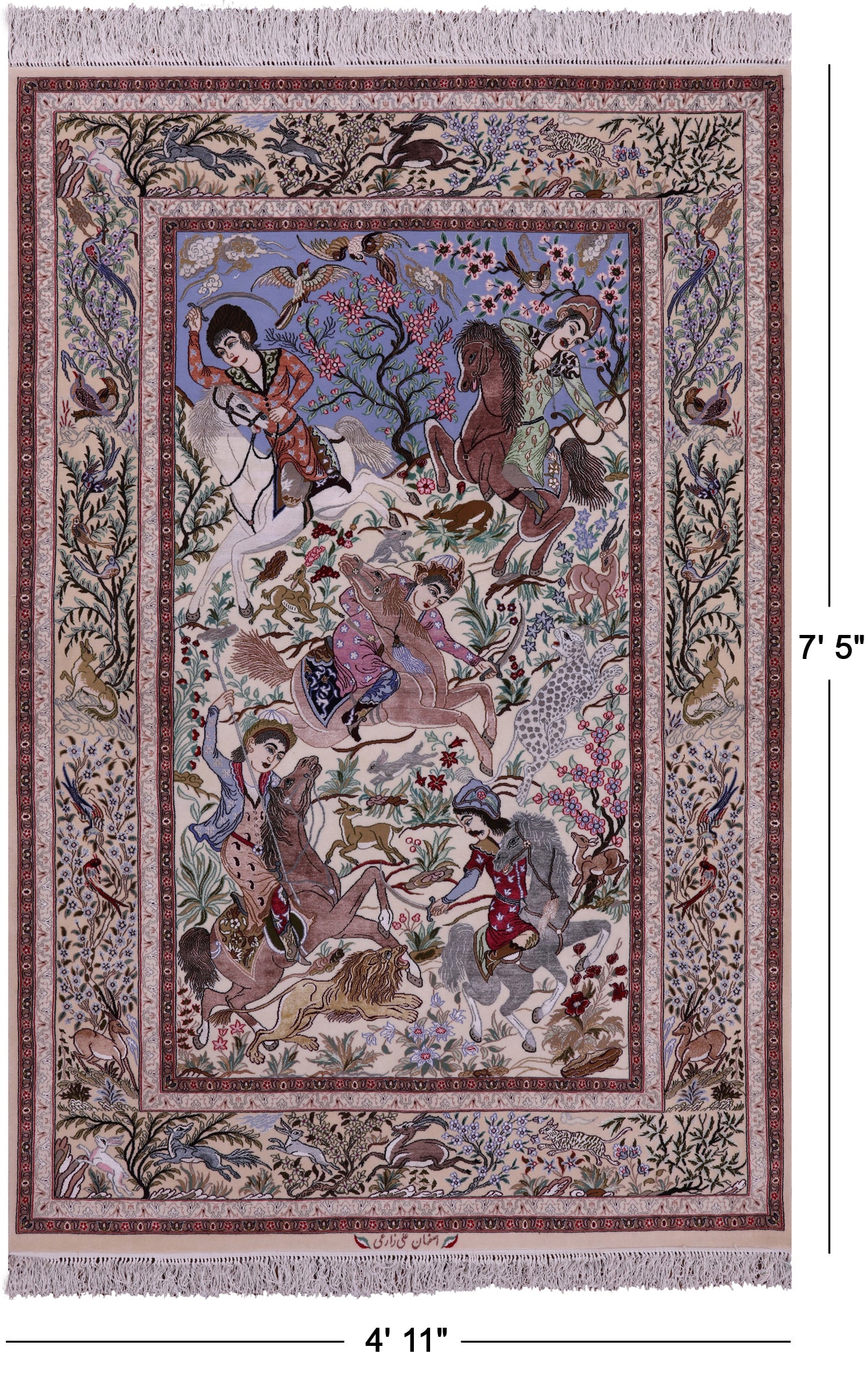 Signed Isfahan Authentic Persian Hunting Scene Hand Knotted Wool & Silk Area Rug - 4' 11" X 7' 5" - Golden Nile