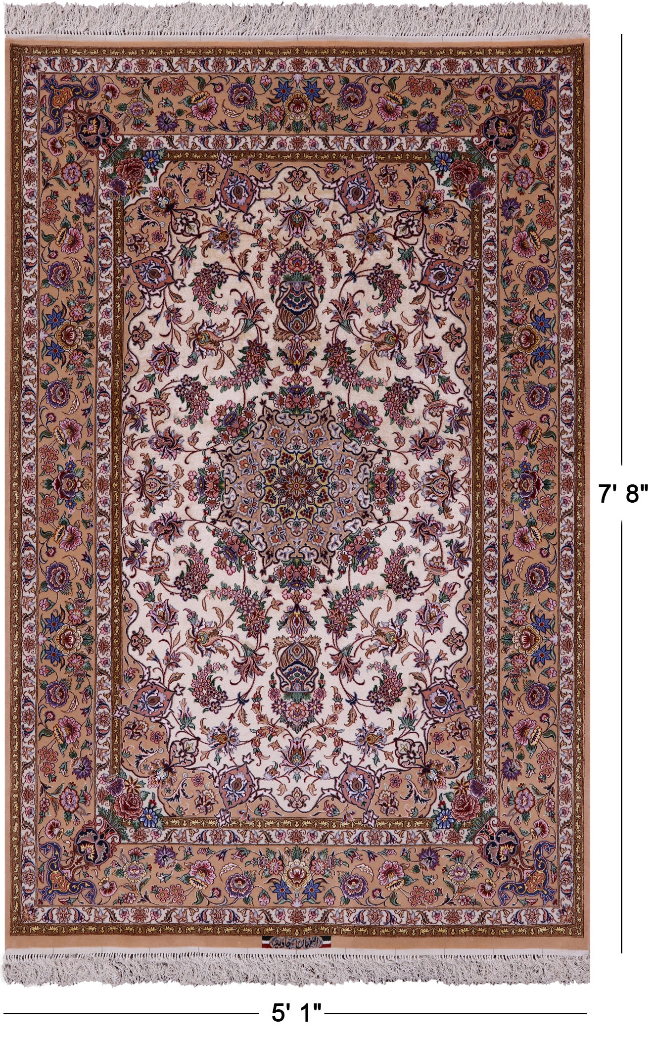 Ivory Signed Isfahan Authentic Persian Hand Knotted Wool & Silk Area Rug - 5' 1" X 7' 8" - Golden Nile