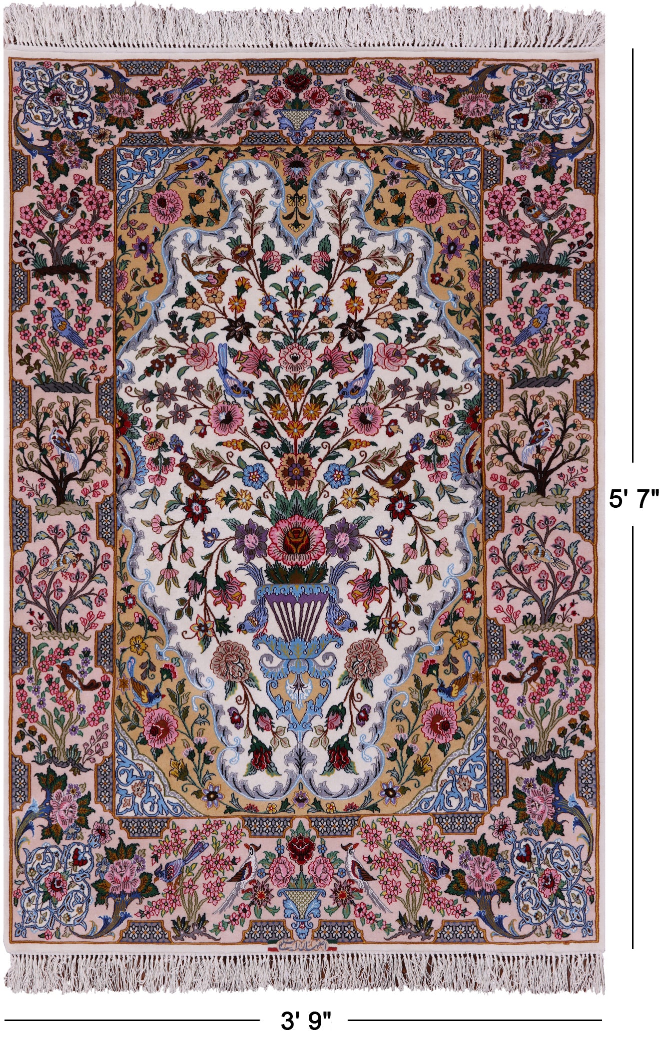 Ivory Signed Isfahan Authentic Persian Hand Knotted Wool & Silk Area Rug - 3' 9" X 5' 7" - Golden Nile