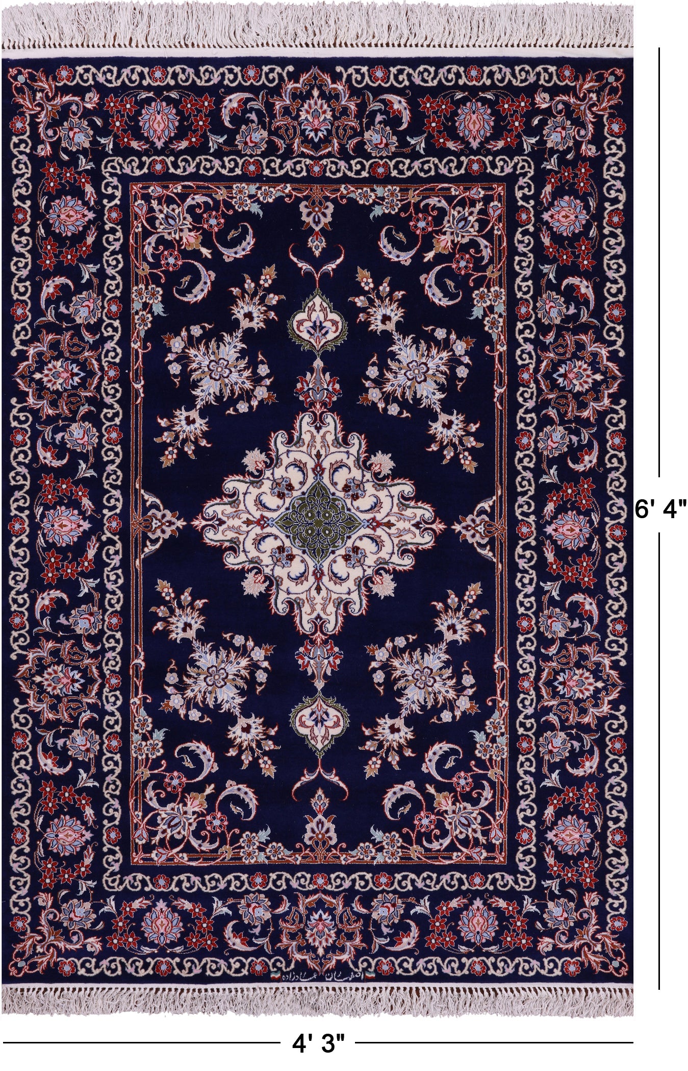 Blue Signed Isfahan Authentic Persian Hand Knotted Wool & Silk Area Rug - 4' 3" X 6' 4" - Golden Nile
