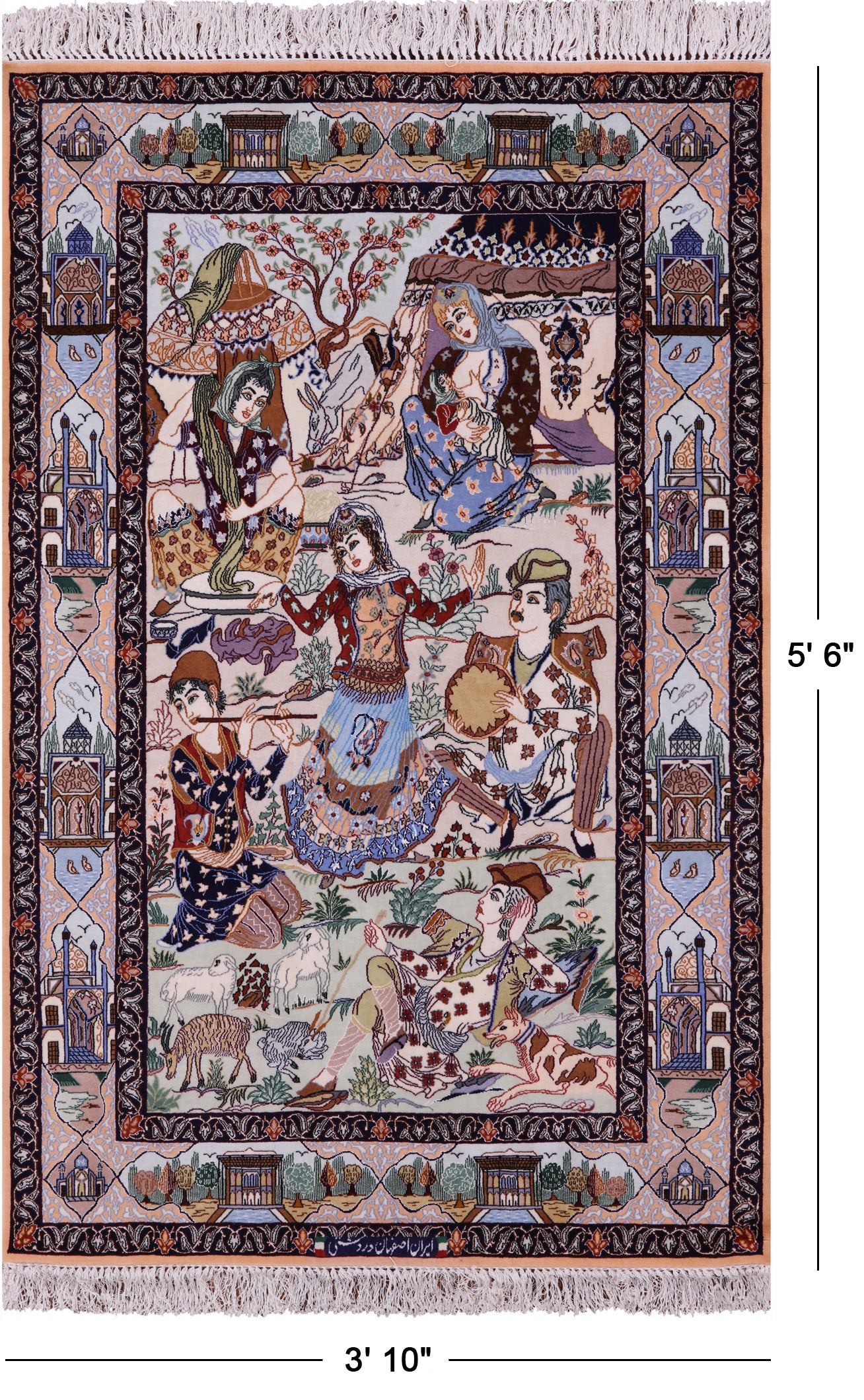Signed Isfahan Authentic Persian Pictorial Hand Knotted Wool & Silk Area Rug - 3' 10" X 5' 6" - Golden Nile