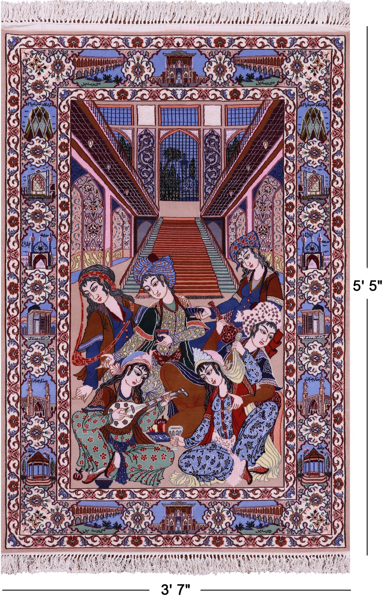 Signed Isfahan Authentic Persian Pictorial Hand Knotted Wool & Silk Area Rug - 3' 7" X 5' 5" - Golden Nile