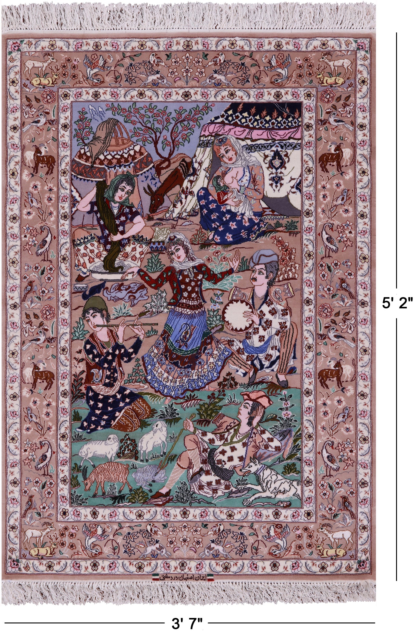 Signed Isfahan Authentic Persian Pictorial Hand Knotted Wool & Silk Area Rug - 3' 7" X 5' 2" - Golden Nile
