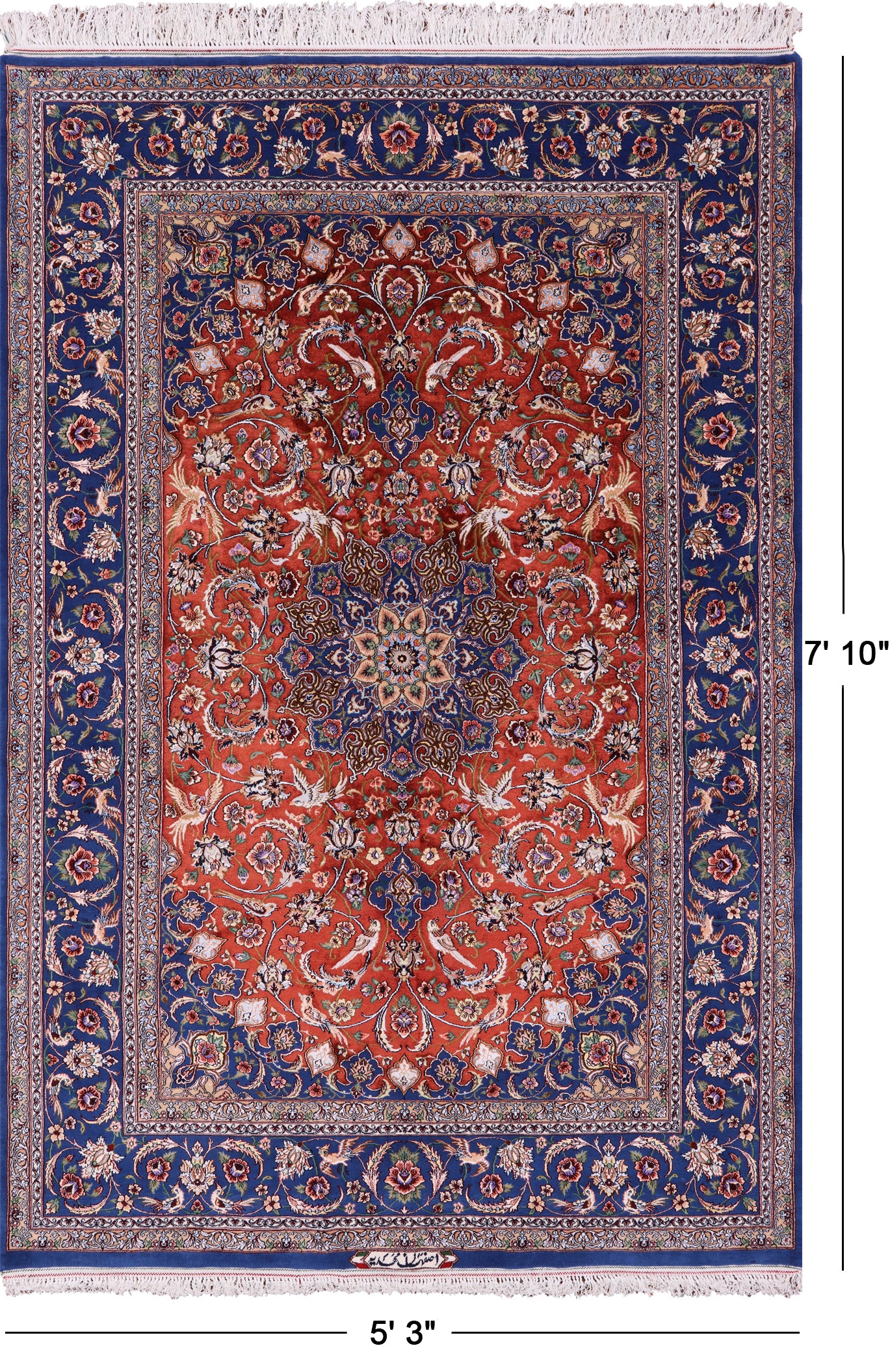 Red Signed Isfahan Authentic Persian Hand Knotted Wool & Silk Area Rug - 5' 3" X 7' 10" - Golden Nile