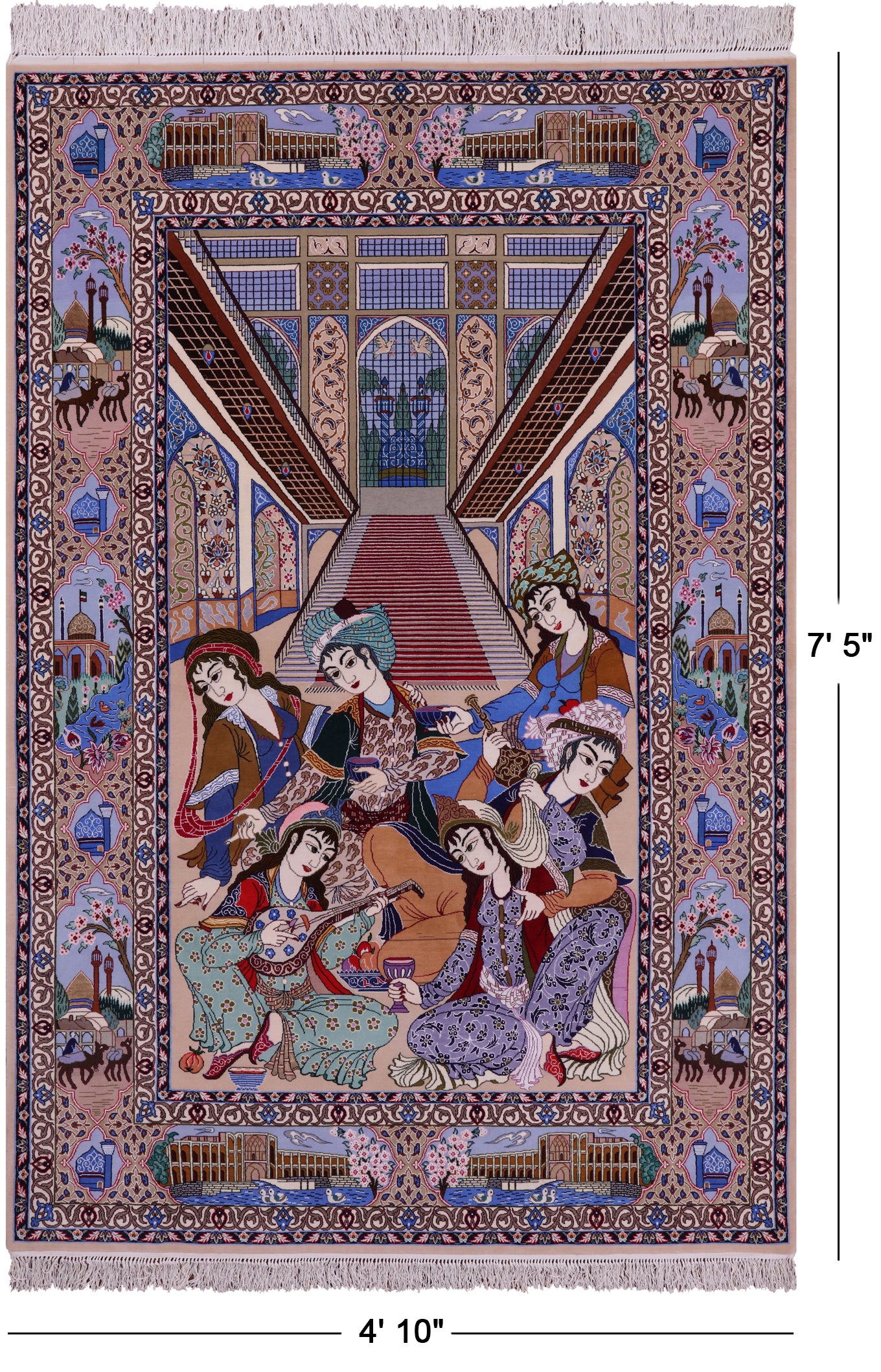 Isfahan Authentic Persian Pictorial Hand Knotted Wool & Silk Area Rug - 4' 10" X 7' 5" - Golden Nile