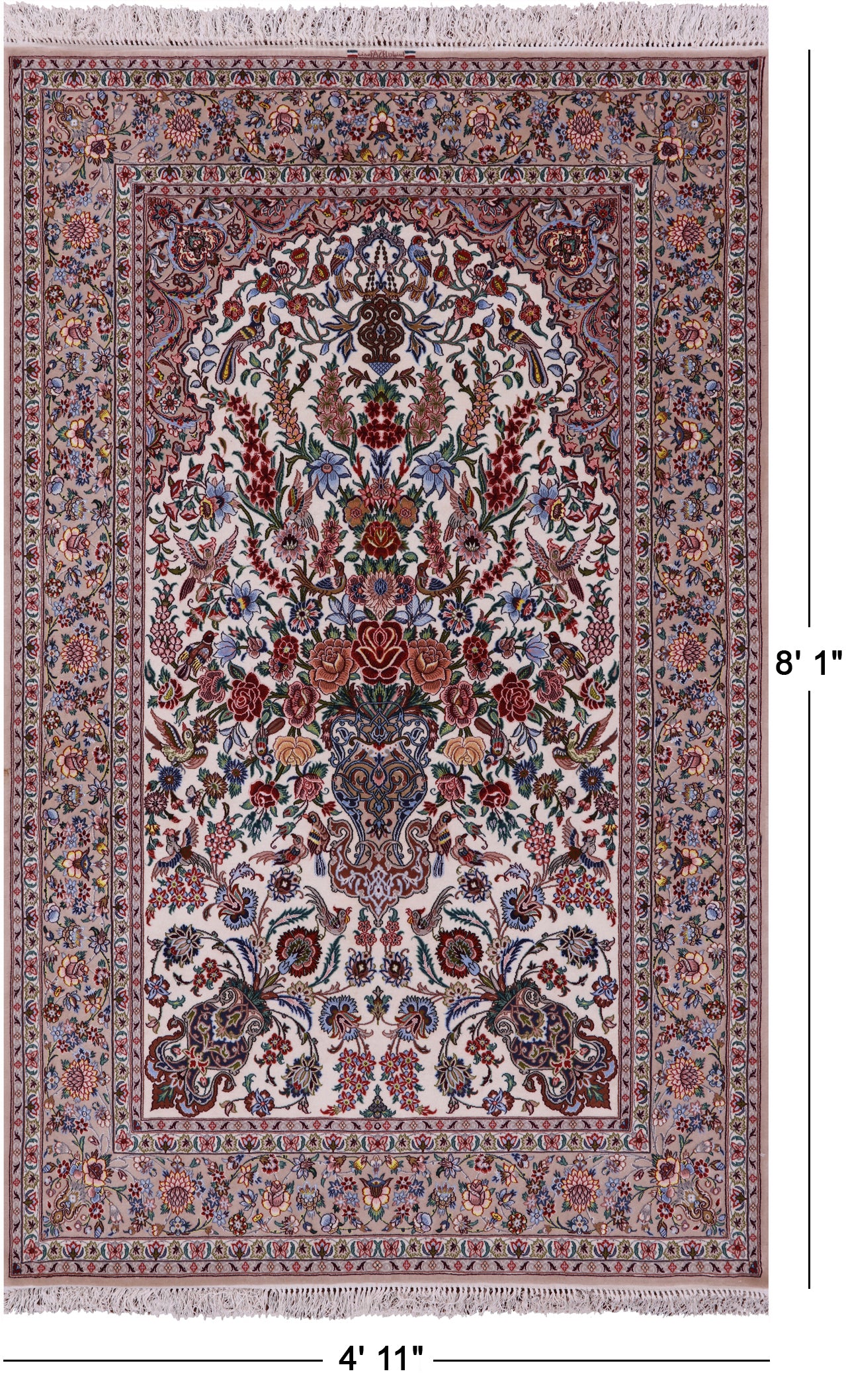 Ivory Signed Isfahan Authentic Persian Hand Knotted Wool & Silk Area Rug - 4' 11" X 8' 1" - Golden Nile