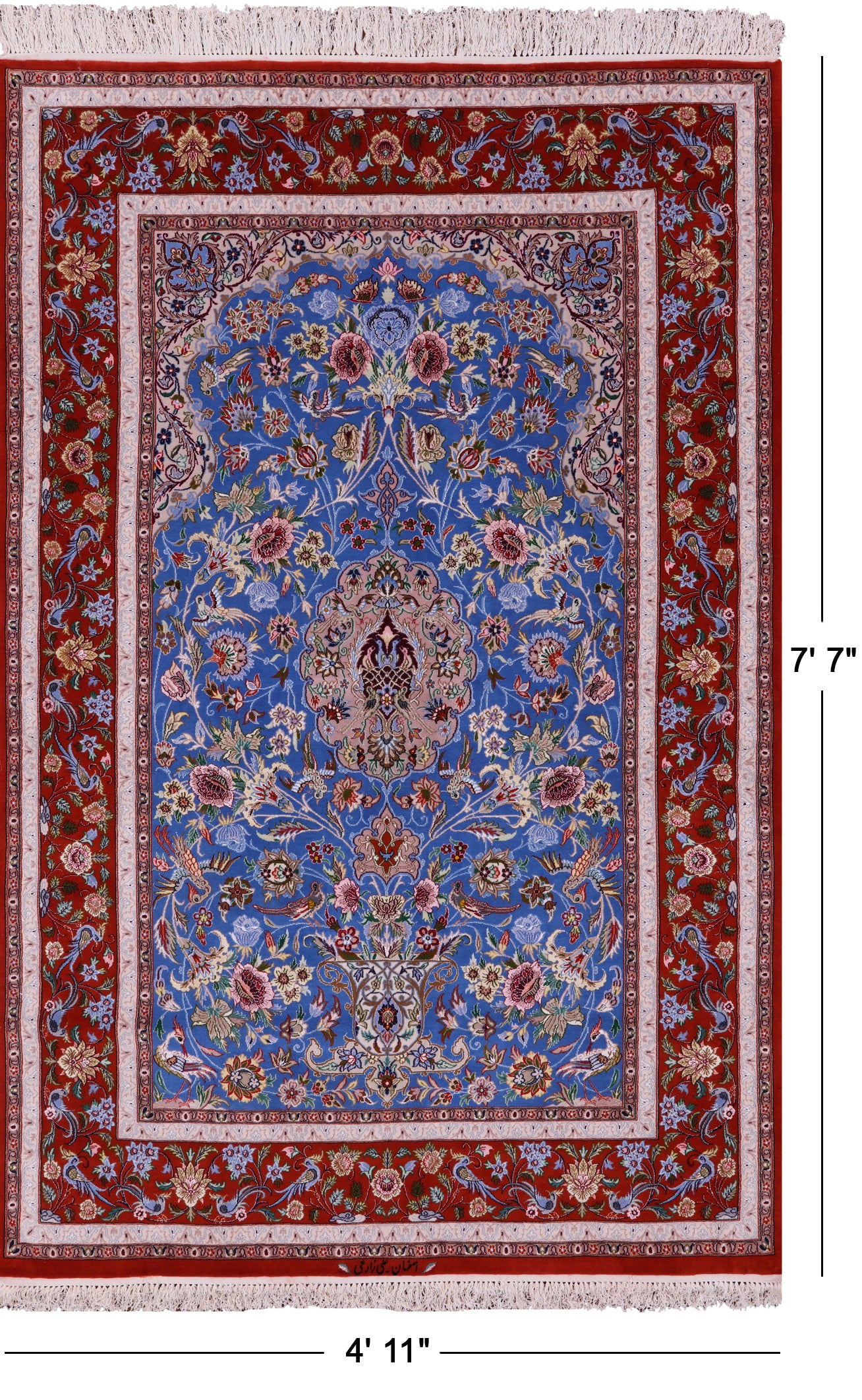 Blue Signed Isfahan Authentic Persian Hand Knotted Wool & Silk Area Rug - 4' 11" X 7' 7" - Golden Nile