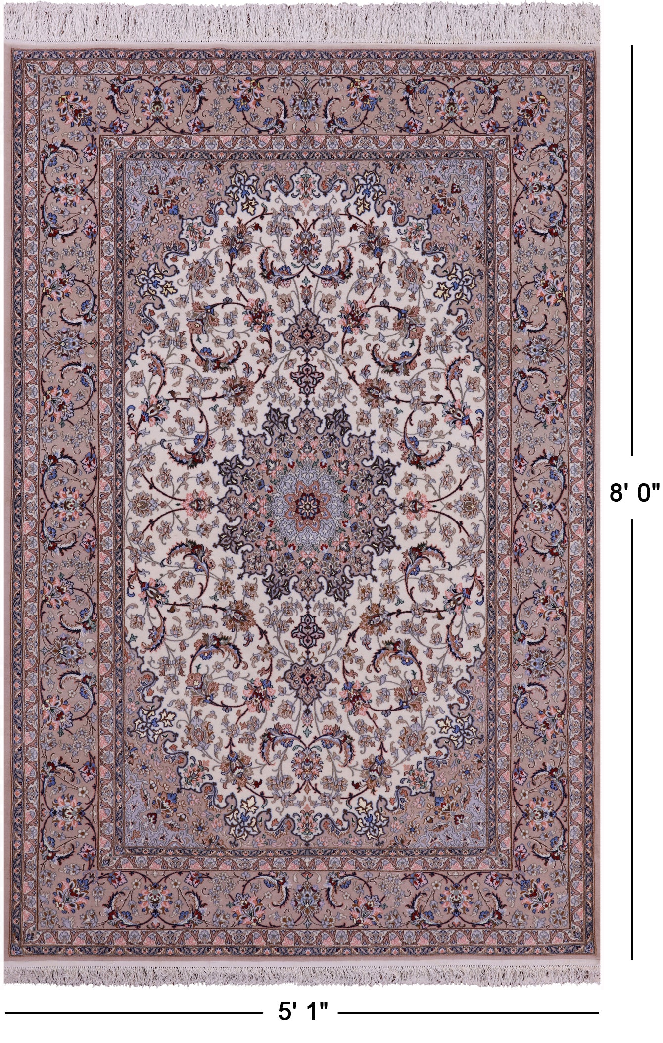 Ivory Signed Isfahan Authentic Persian Hand Knotted Wool & Silk Area Rug - 5' 1" X 8' 0" - Golden Nile