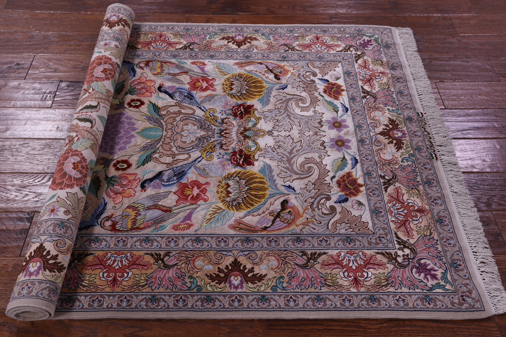 Ivory Signed Authentic Persian Isfahan Hand Knotted Wool & Silk Rug - 3' 8" X 5' 6" - Golden Nile
