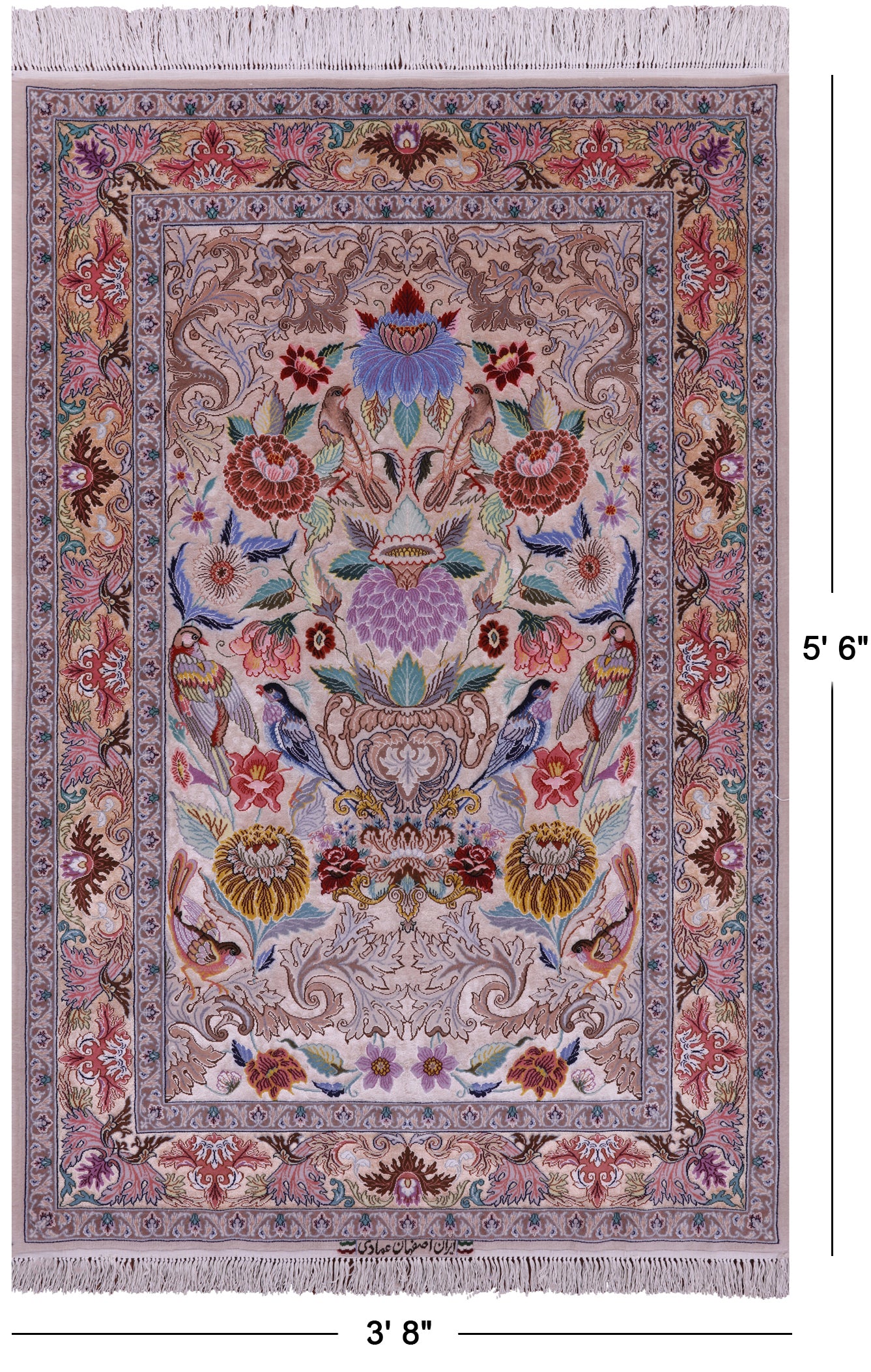 Ivory Signed Authentic Persian Isfahan Hand Knotted Wool & Silk Rug - 3' 8" X 5' 6" - Golden Nile