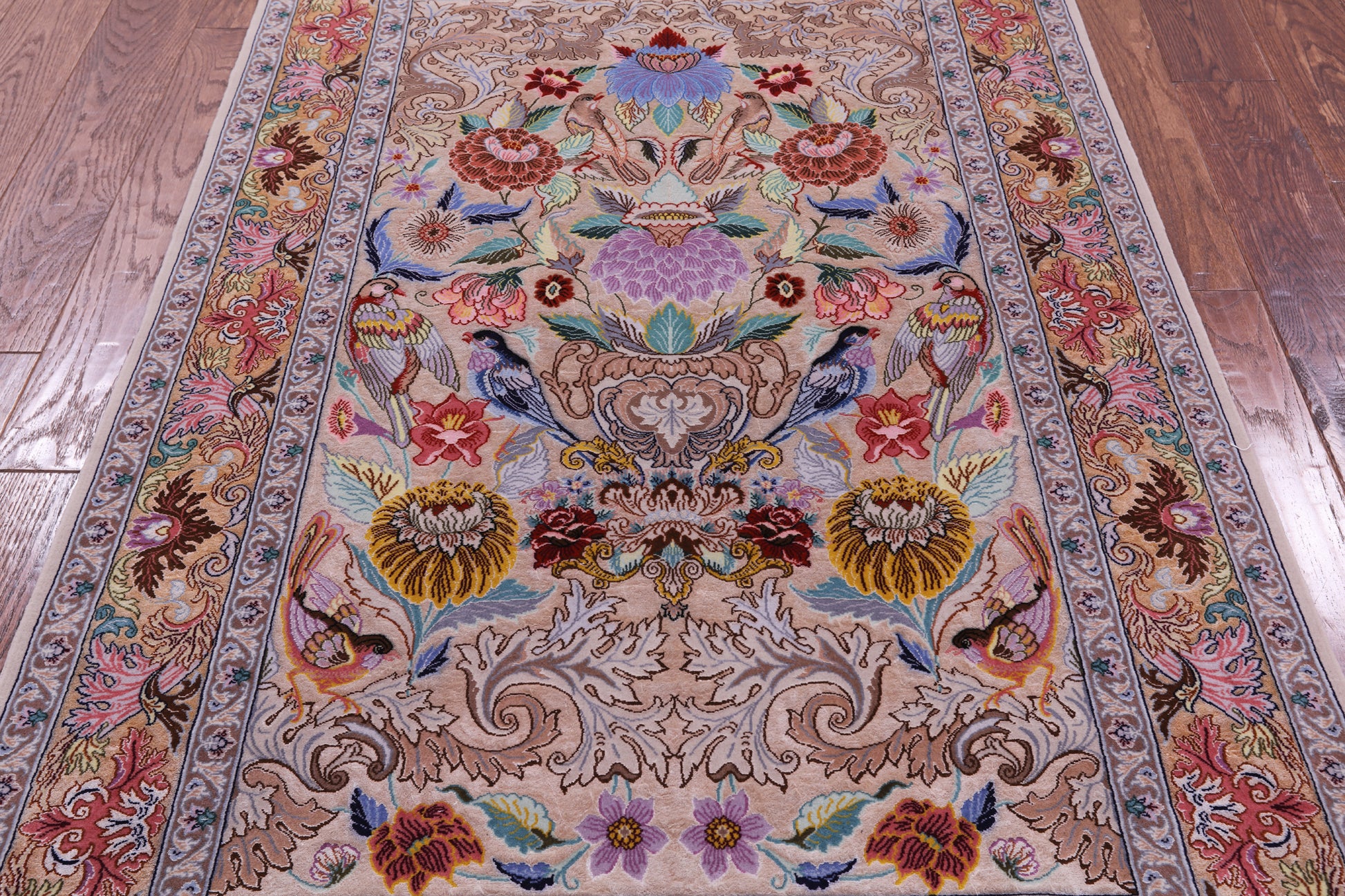 Ivory Signed Authentic Persian Isfahan Hand Knotted Wool & Silk Rug - 3' 8" X 5' 6" - Golden Nile