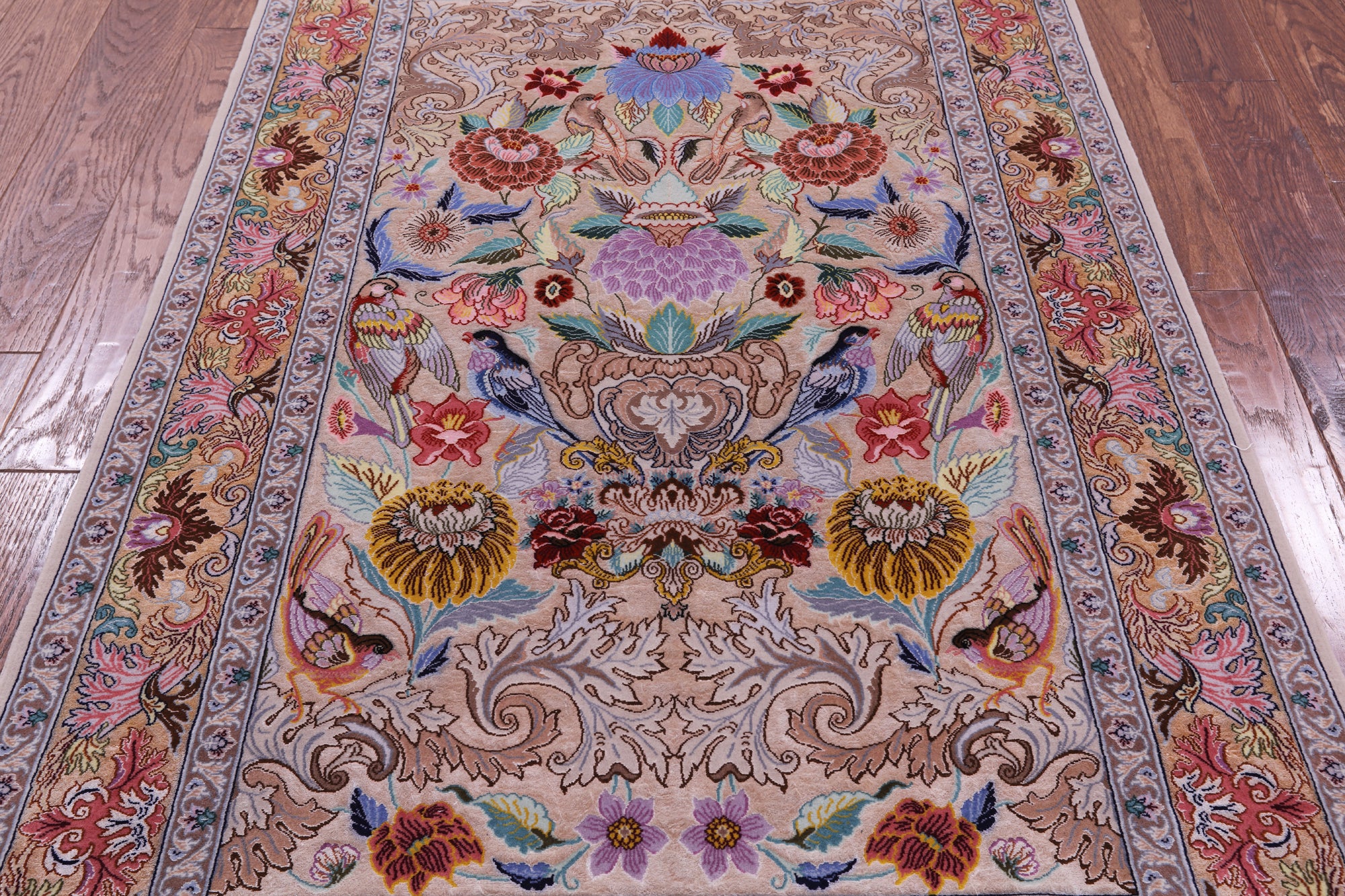 Ivory Signed Authentic Persian Isfahan Hand Knotted Wool & Silk Rug - 3' 8" X 5' 6" - Golden Nile