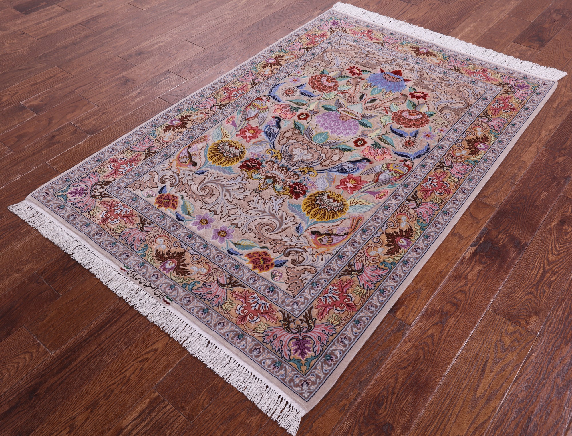 Ivory Signed Authentic Persian Isfahan Hand Knotted Wool & Silk Rug - 3' 8" X 5' 6" - Golden Nile