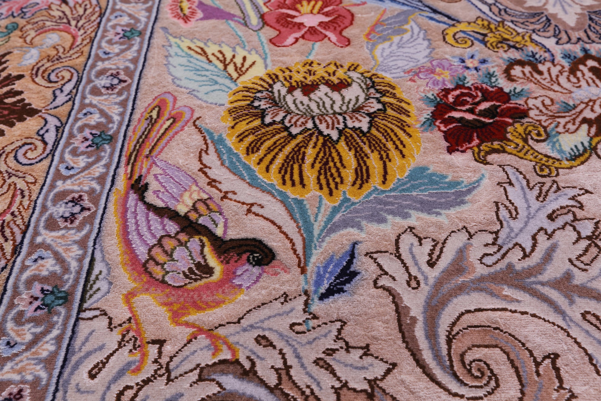 Ivory Signed Authentic Persian Isfahan Hand Knotted Wool & Silk Rug - 3' 8" X 5' 6" - Golden Nile