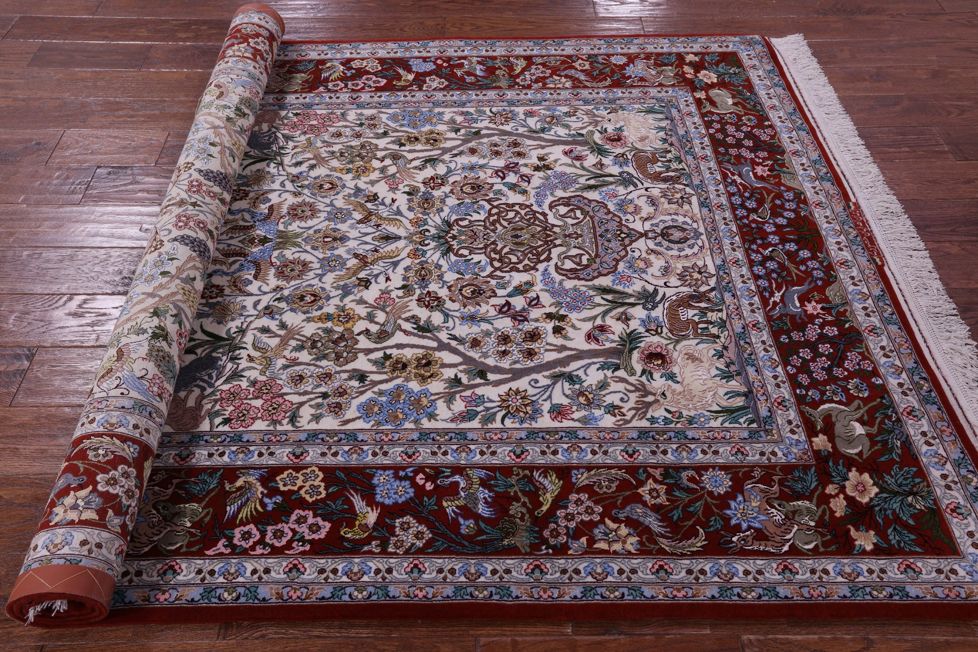 Ivory Signed Authentic Persian Isfahan Hand Knotted Wool & Silk Rug - 4' 11" X 7' 8" - Golden Nile