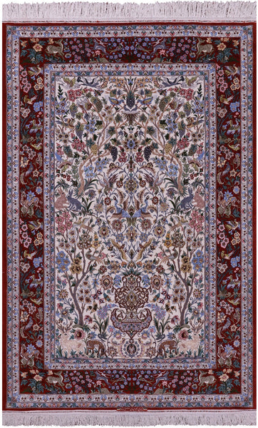 Ivory Signed Authentic Persian Isfahan Hand Knotted Wool & Silk Rug - 4' 11" X 7' 8" - Golden Nile