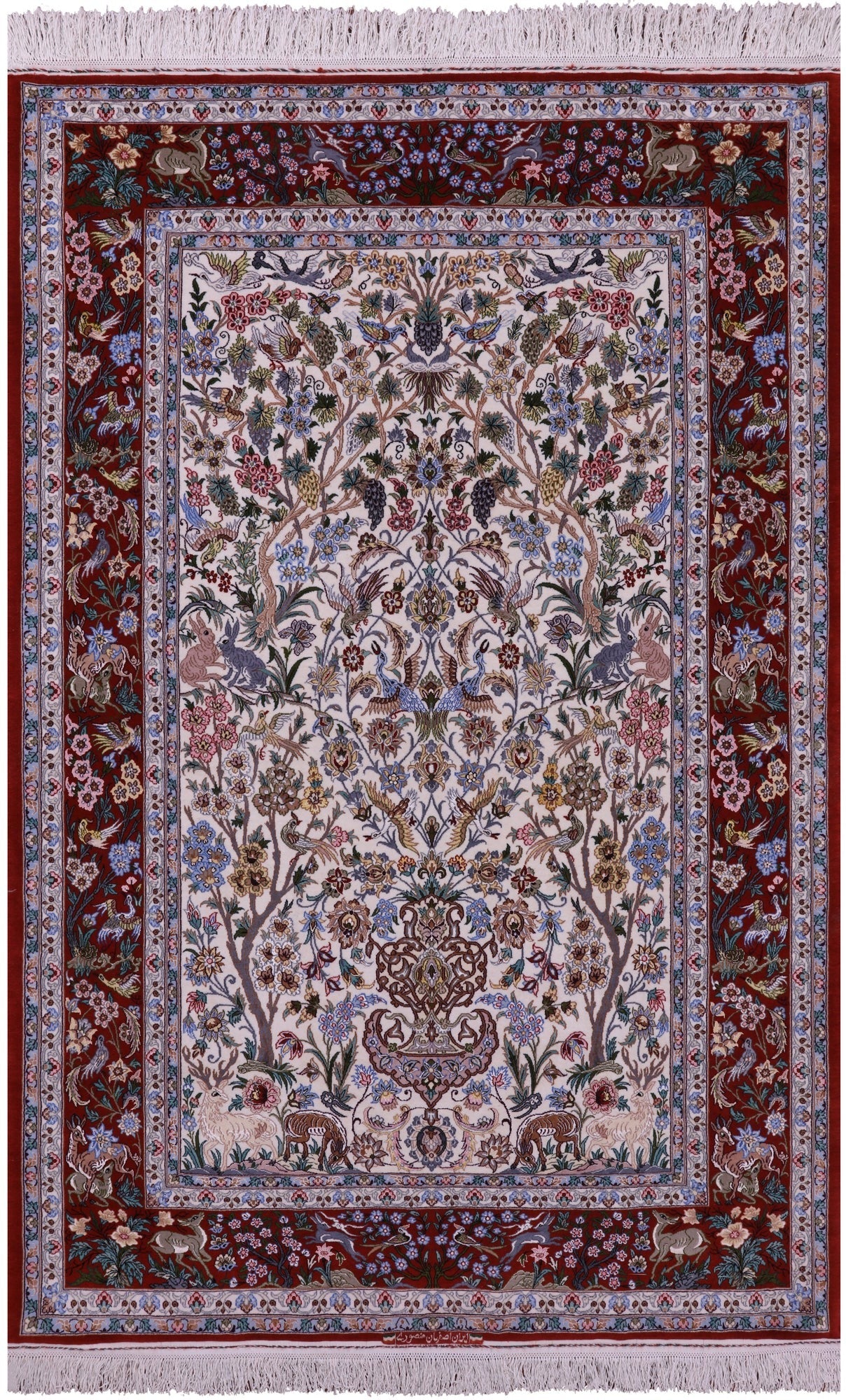 Ivory Signed Authentic Persian Isfahan Hand Knotted Wool & Silk Rug - 4' 11" X 7' 8" - Golden Nile