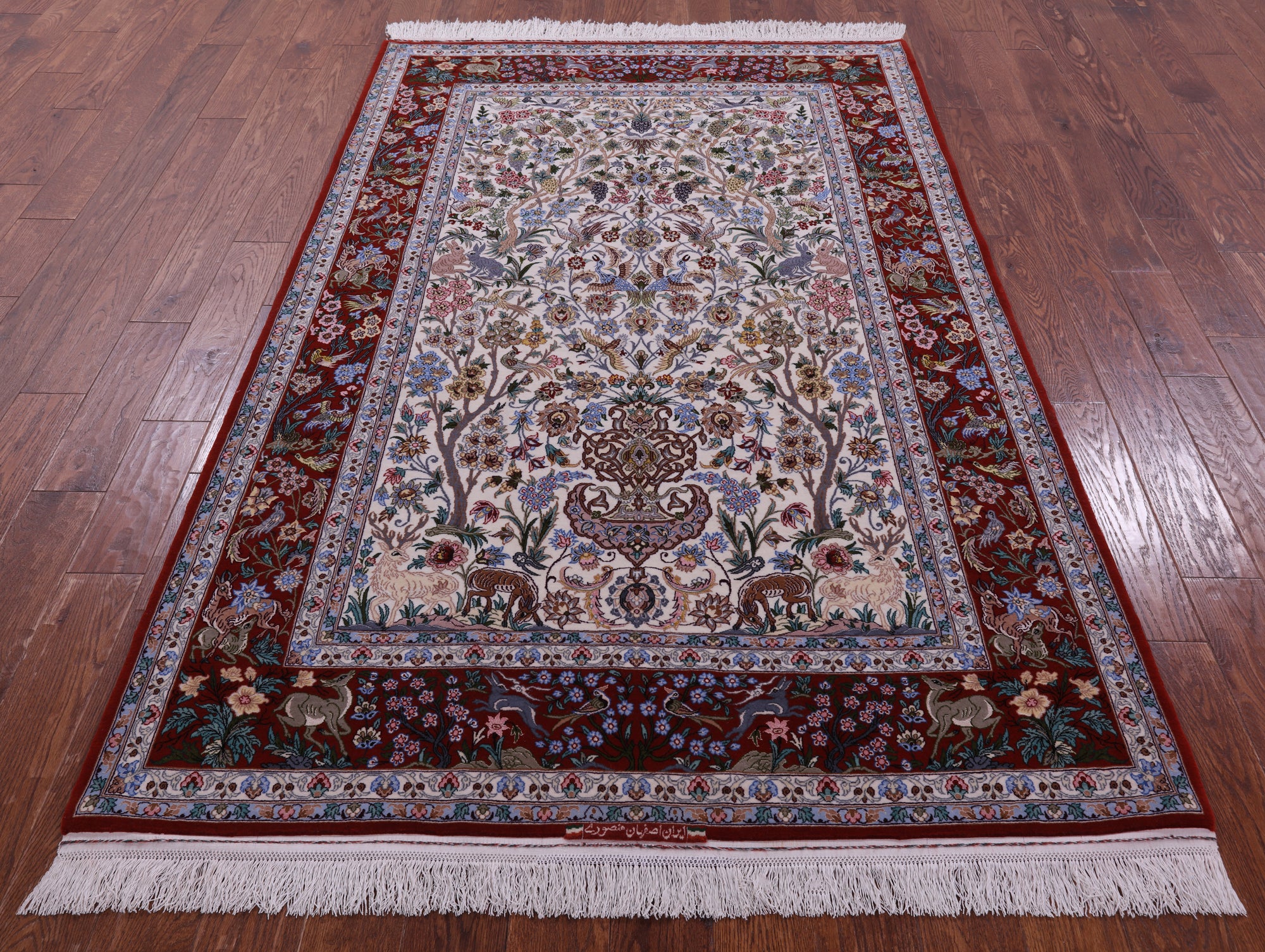 Ivory Signed Authentic Persian Isfahan Hand Knotted Wool & Silk Rug - 4' 11" X 7' 8" - Golden Nile