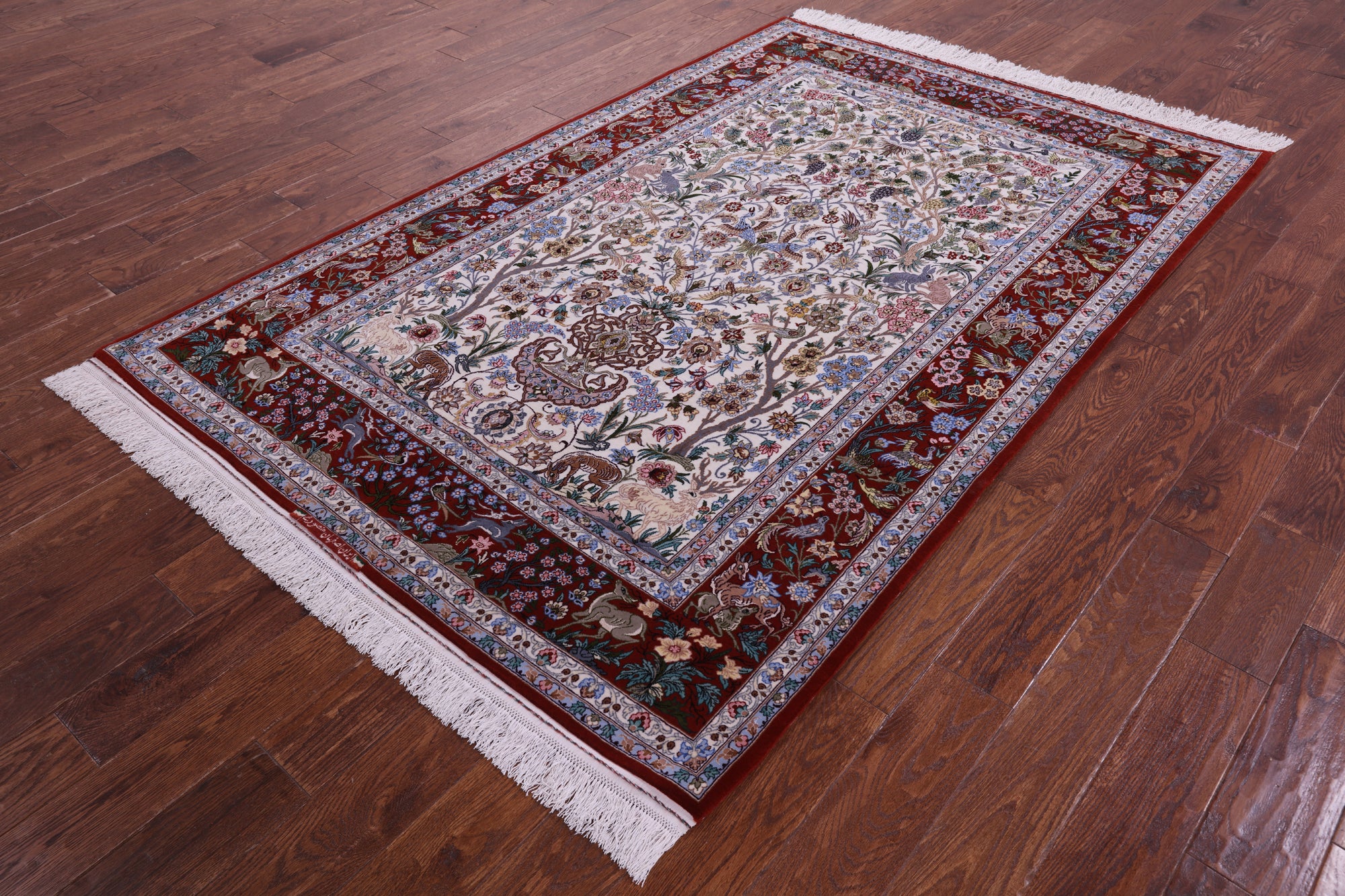 Ivory Signed Authentic Persian Isfahan Hand Knotted Wool & Silk Rug - 4' 11" X 7' 8" - Golden Nile