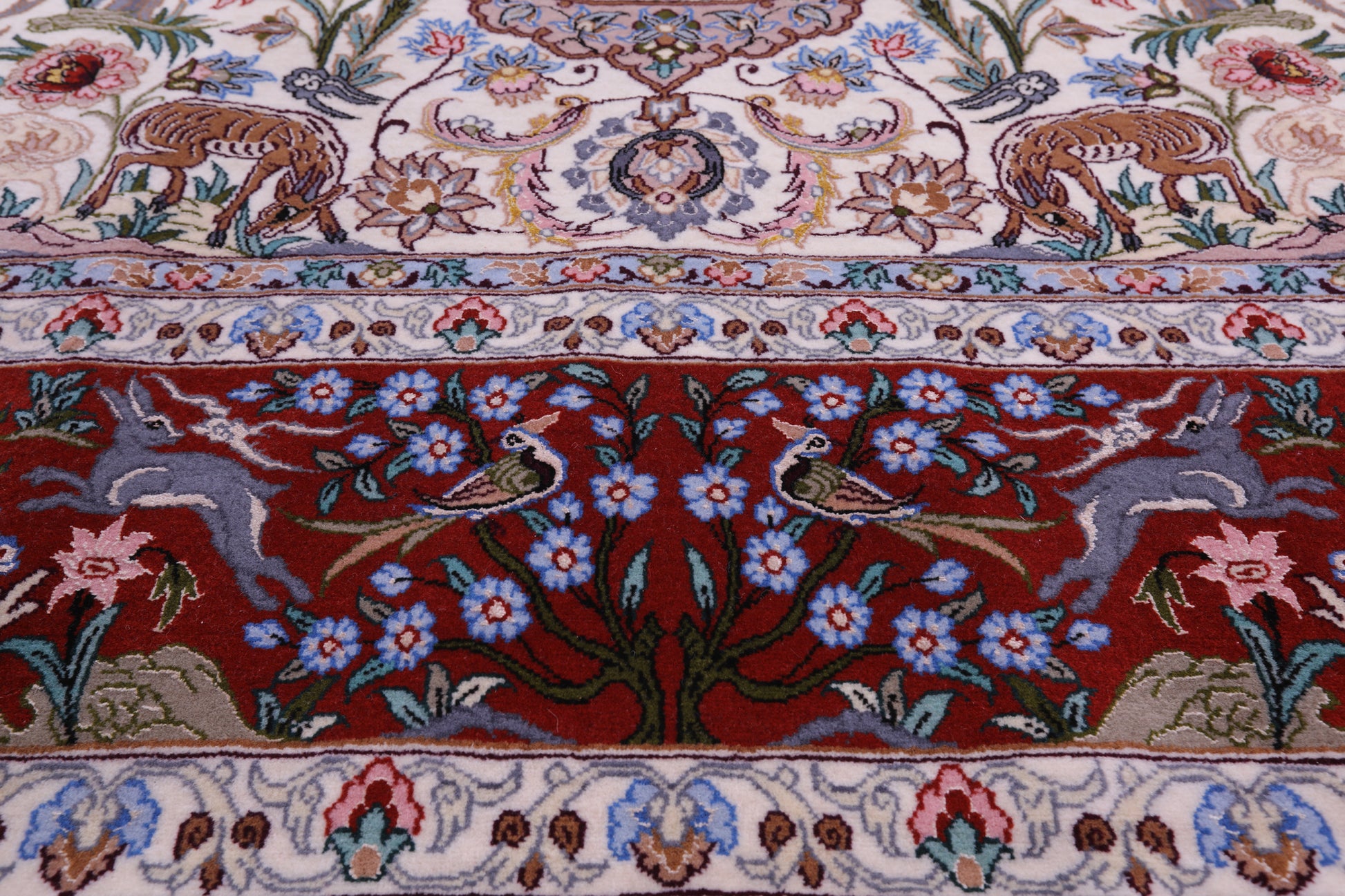 Ivory Signed Authentic Persian Isfahan Hand Knotted Wool & Silk Rug - 4' 11" X 7' 8" - Golden Nile