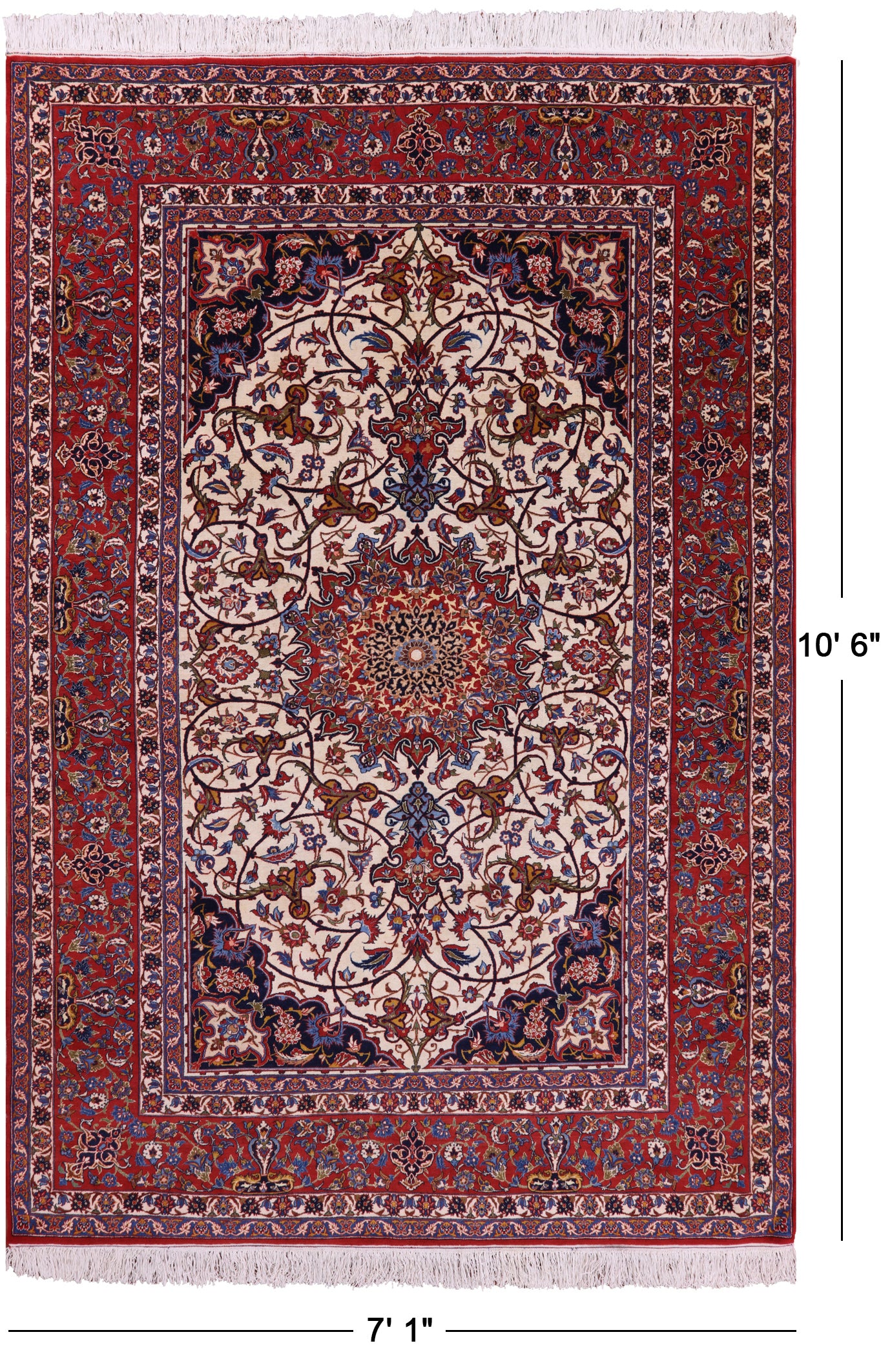 Ivory Antique Isfahan Persian Hand Knotted Area Rug - 7' 1" X 10' 6" - Golden Nile
