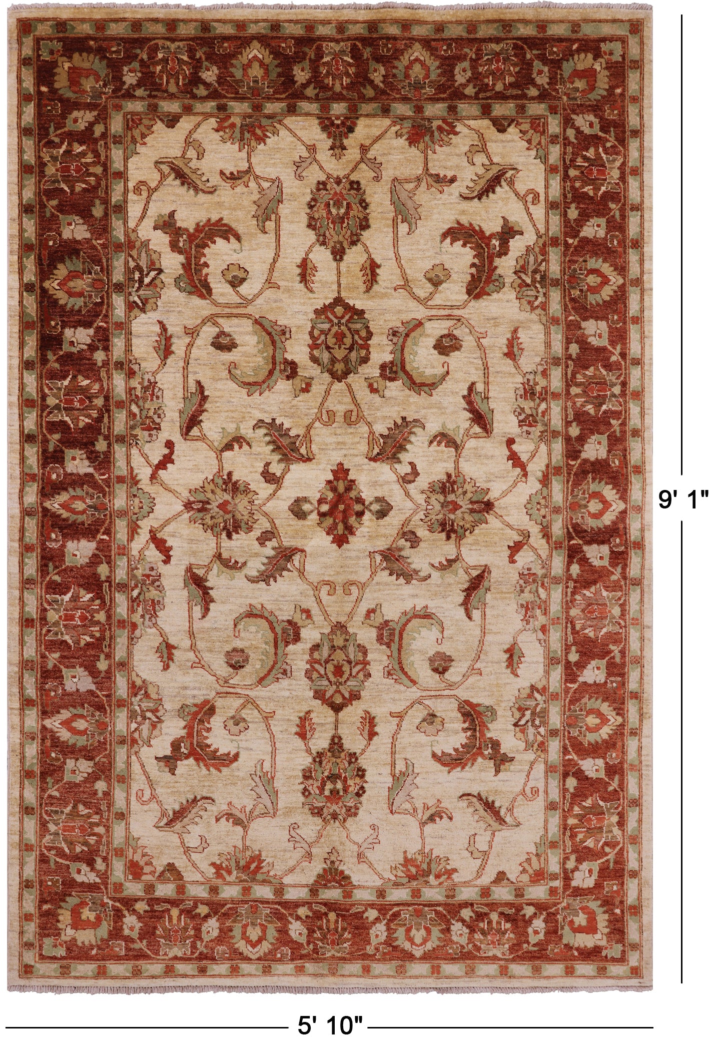 Ivory Peshawar Hand Knotted Rug - 5' 10" X 9' 1" - Golden Nile