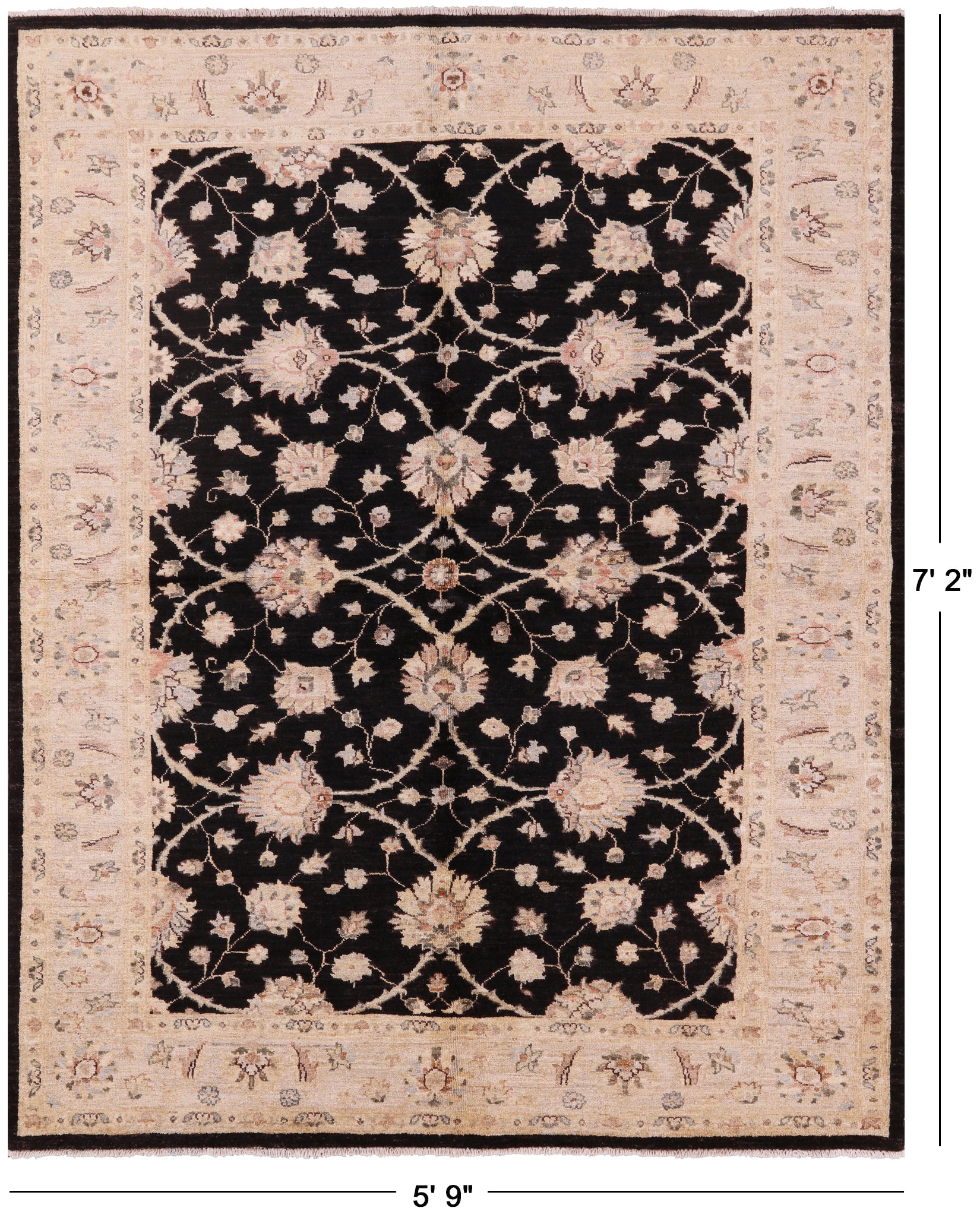 Black Peshawar Hand Knotted Wool Rug - 5' 9" X 7' 2" - Golden Nile