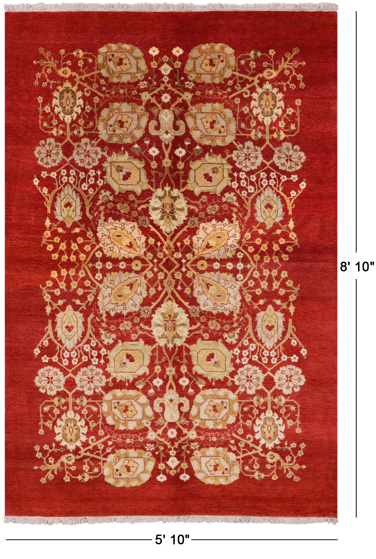 Red Peshawar Hand Knotted Wool Area Rug - 5' 10" X 8' 10" - Golden Nile