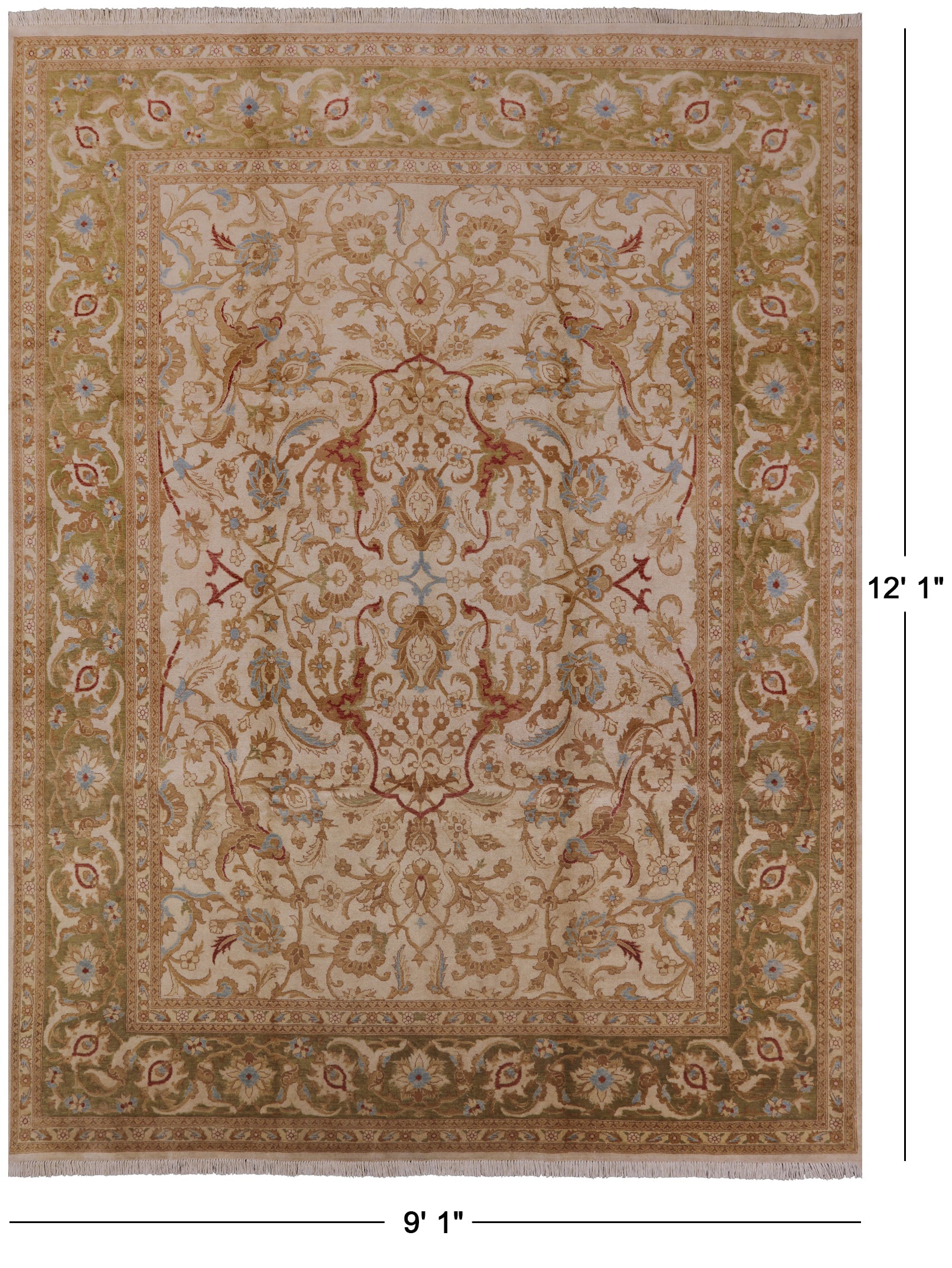 Ivory Peshawar Hand Knotted Wool Rug - 9' 1" X 12' 1" - Golden Nile