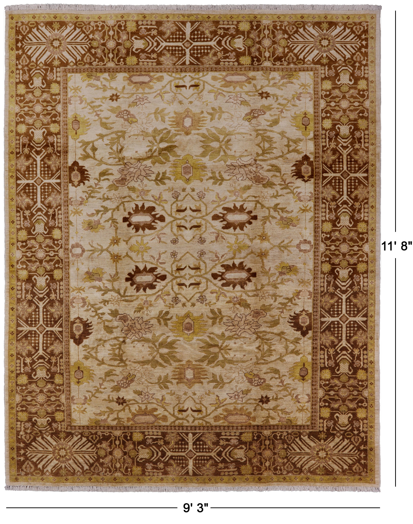 Ivory Signed Peshawar Hand Knotted Wool Rug - 9' 3" X 11' 8" - Golden Nile