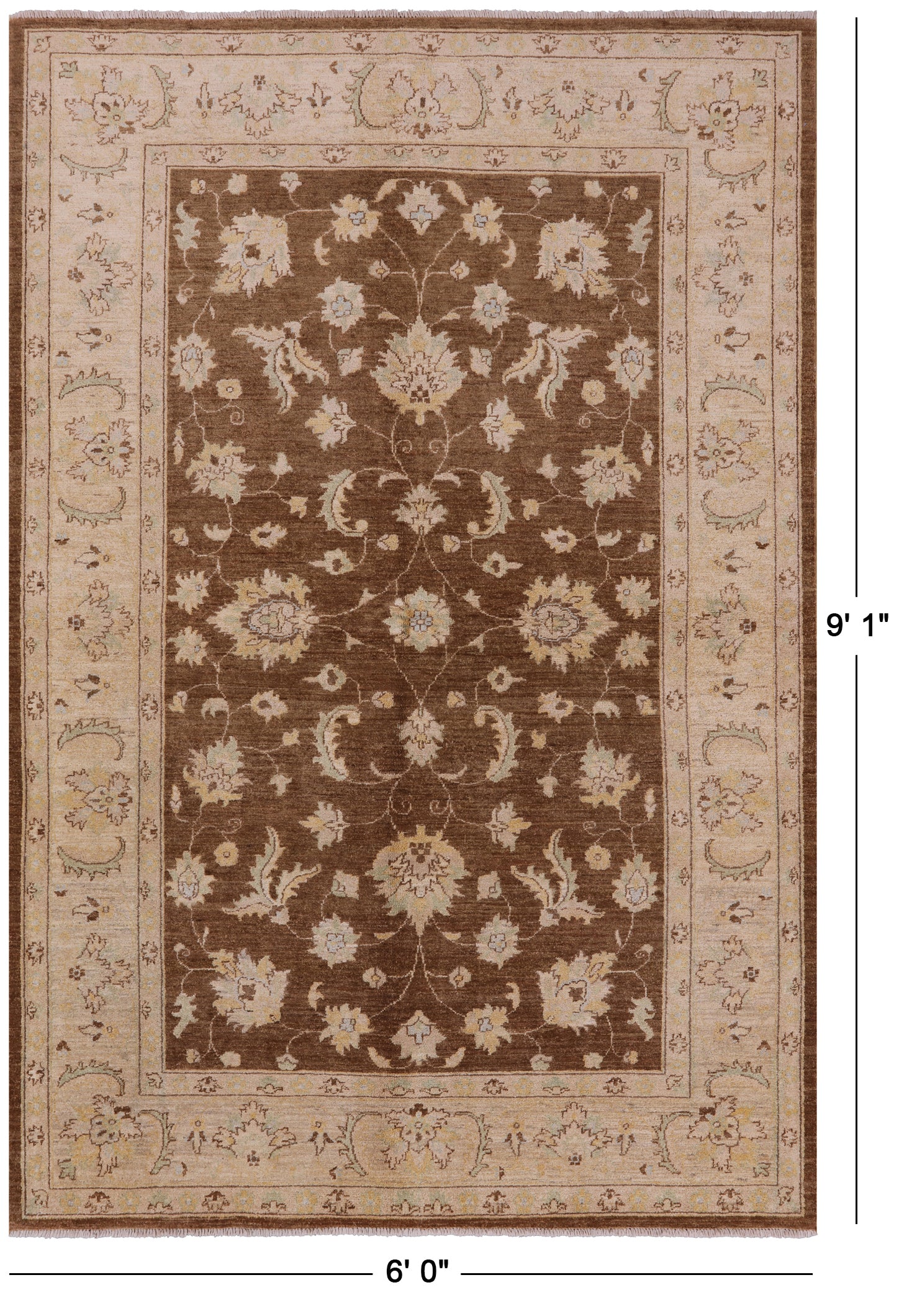 Brown Peshawar Hand Knotted Wool Rug - 6' 0" X 9' 1" - Golden Nile