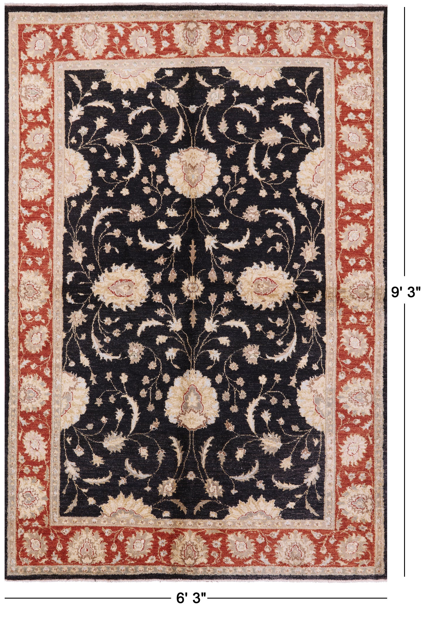 Black Chobi Peshawar Wool Area Rug - 6' 3" X 9' 3" - Golden Nile