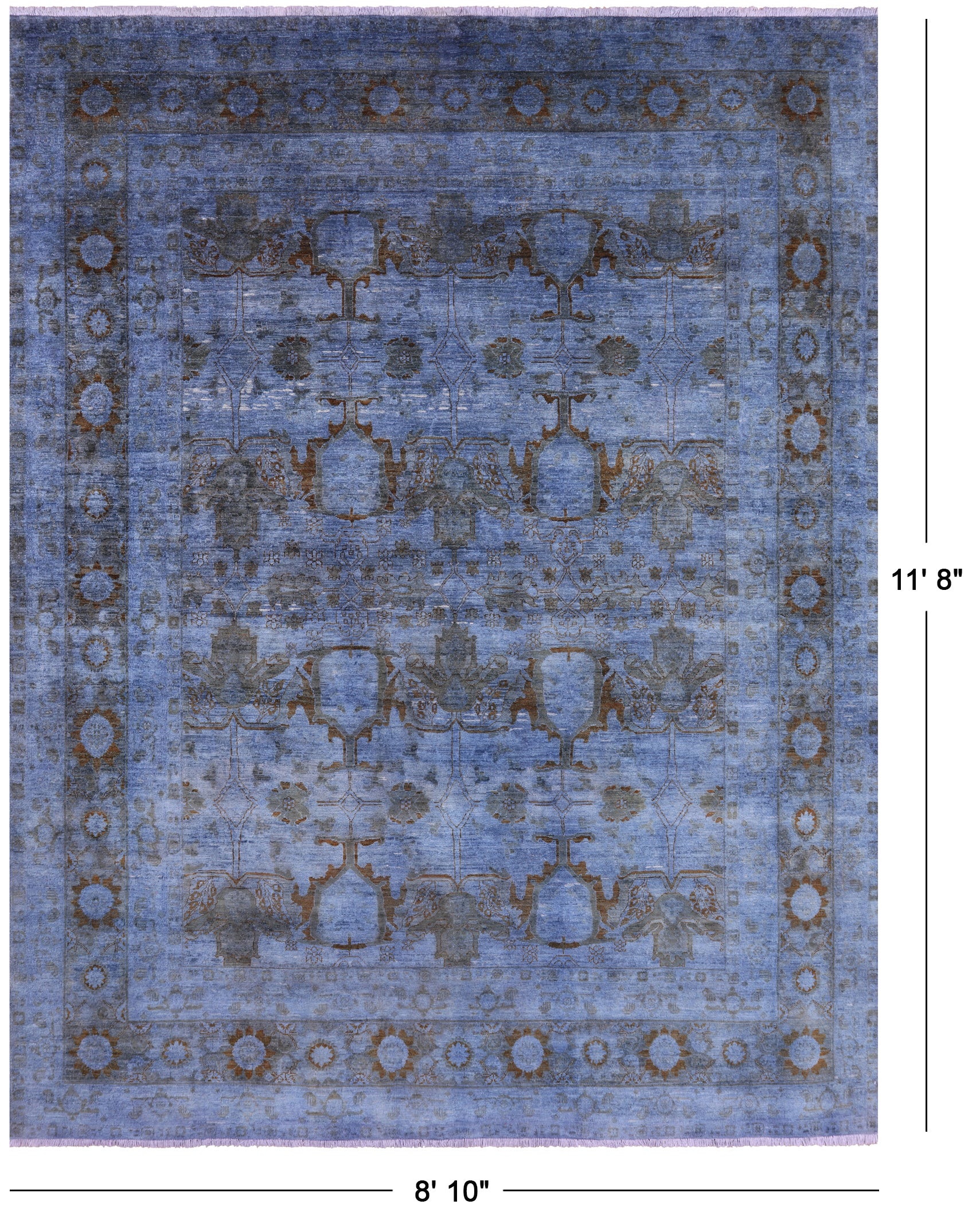 Blue Full Pile Overdyed Hand Knotted Wool Rug - 8' 10" X 11' 8" - Golden Nile