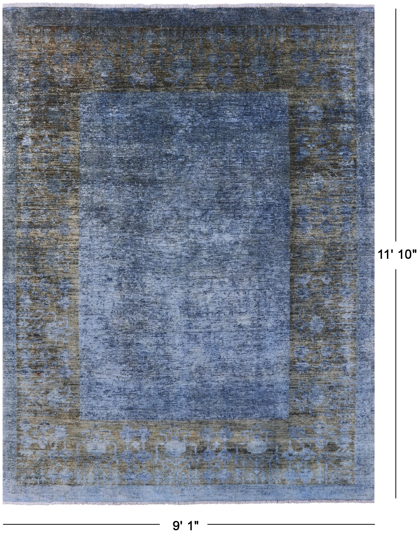 Blue Full Pile Overdyed Hand Knotted Wool Rug - 9' 1" X 11' 10" - Golden Nile