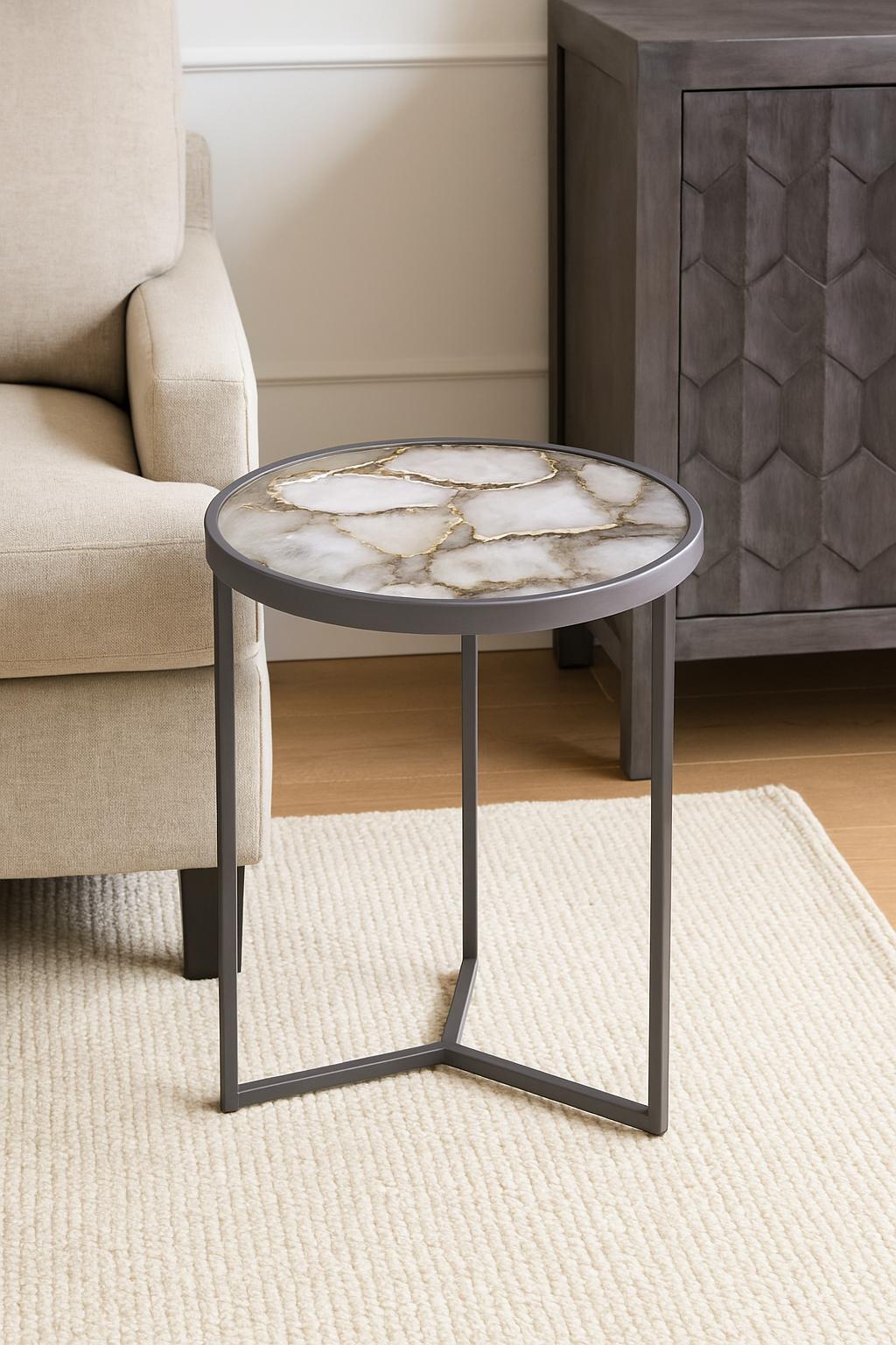 White Agate Accent Side Table Silver Base 22"H x 14"D - Golden Nile
