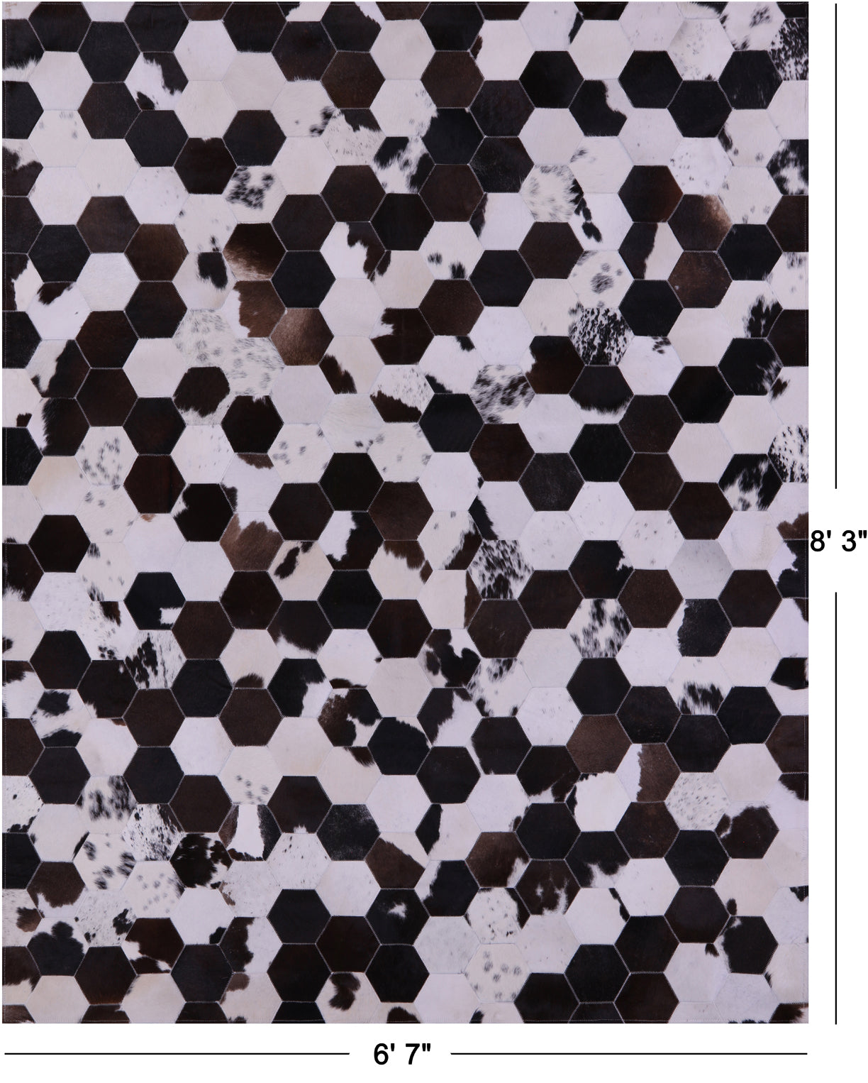 Brown & White Hexagon Natural Cowhide Hand Stitched Patchwork Rug - 6' 7" X 8' 3" - Golden Nile